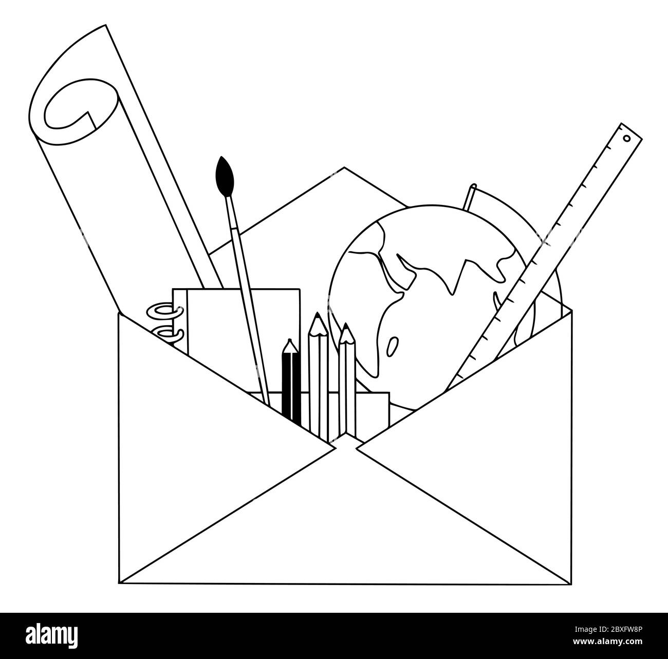 Retour à l'école shopping. Papeterie pour enfants, règle, pinceau, bloc-notes globe, crayons de couleur dans une enveloppe postale. Style de ligne d'illustration vectorielle Illustration de Vecteur