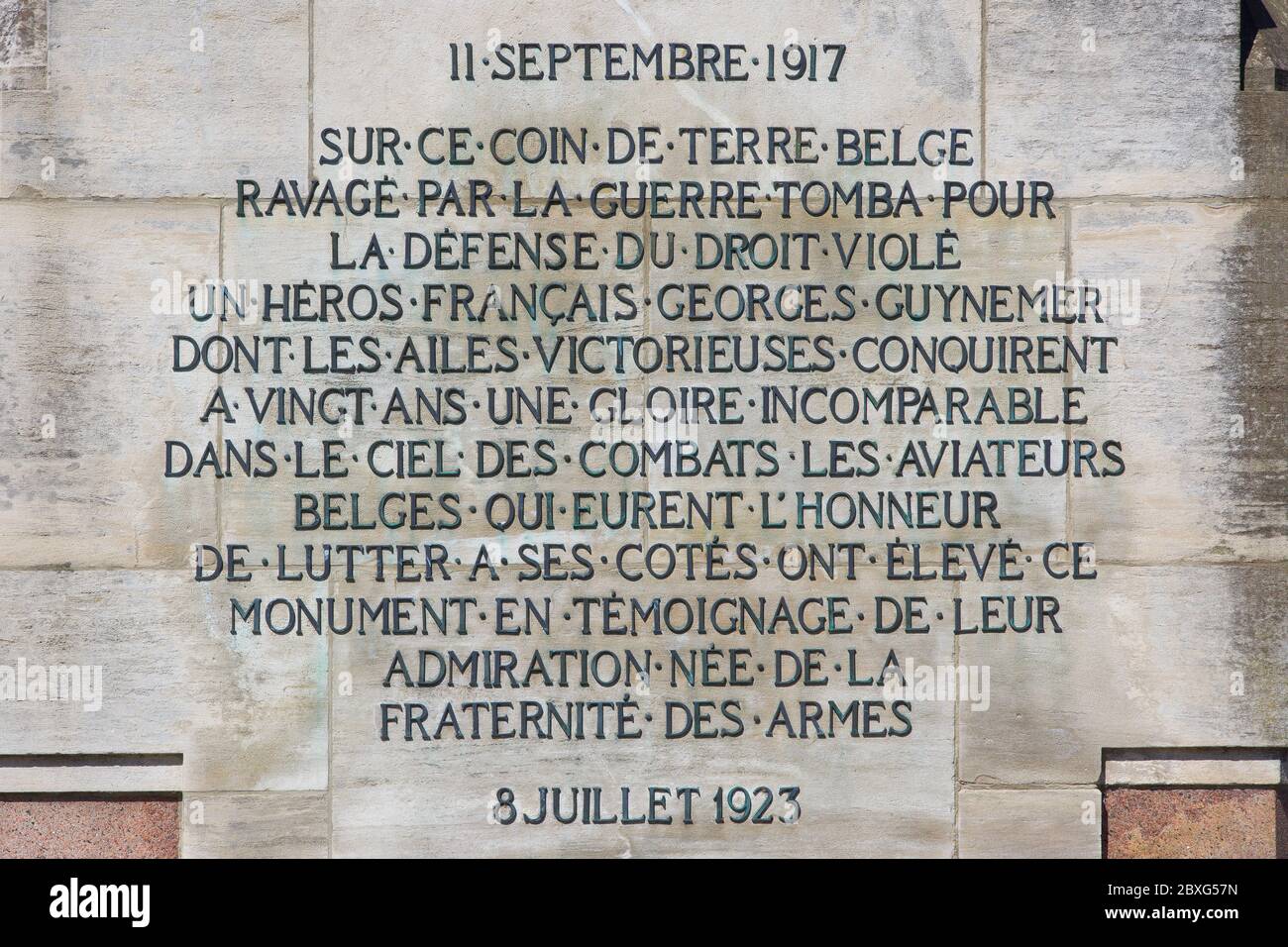 Mémorial à l'ace du combattant du service aérien de la première Guerre mondiale et capitaine du héros national Georges Guynemer (1894-1917) à Langemark-Poelkapelle, Belgique Banque D'Images