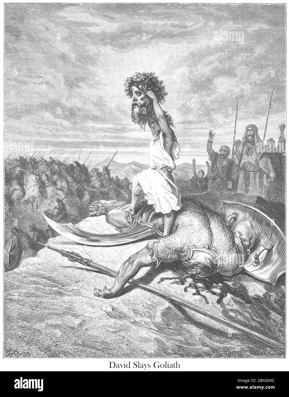 David slays Goliath du livre 'Bible Gallery' illustré par Gustave Dore avec mémoire de Dore et lettre-presse descriptive par Talbot W. Chambers D.D. Publié par Cassell & Company Limited à Londres et simultanément par Mame à Tours, France en 1866 Banque D'Images