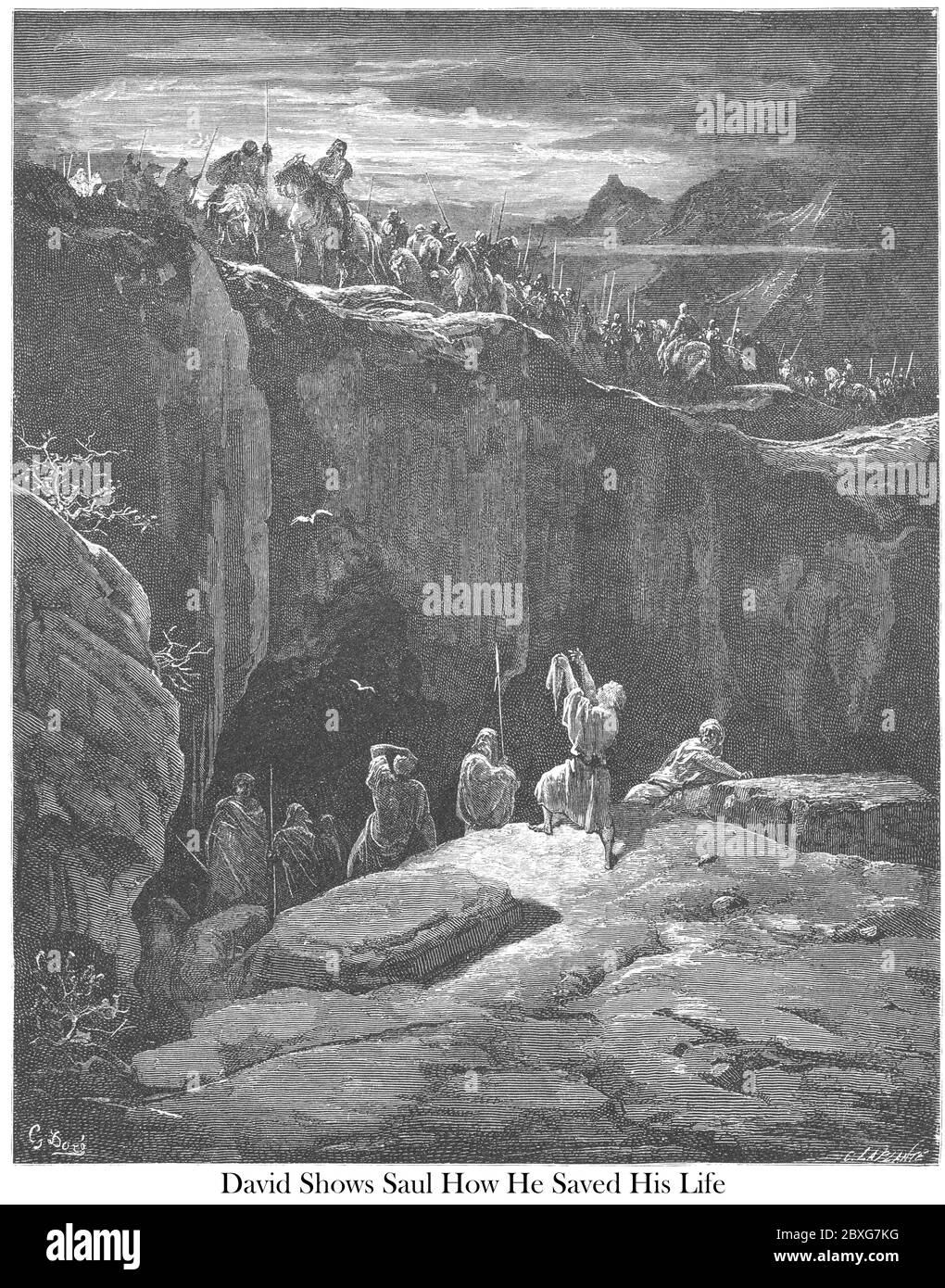 David montrant Saül qu'il avait épargné sa vie 1 Samuel 24:10 du livre 'Galerie de la Bible' illustré par Gustave Dore avec mémoire de Dore et lettre-presse descriptive par Talbot W. Chambers D.D. Publié par Cassell & Company Limited à Londres et simultanément par Mame à Tours, France en 1866 Banque D'Images David montrant Saül qu'il avait épargné sa vie 1 Samuel 24:10 du livre 'Galerie de la Bible' illustré par Gustave Dore avec mémoire de Dore et lettre-presse descriptive par Talbot W. Chambers D.D. Publié par Cassell & Company Limited à Londres et simultanément par Mame à Tours, France en 1866 Banque D'Images