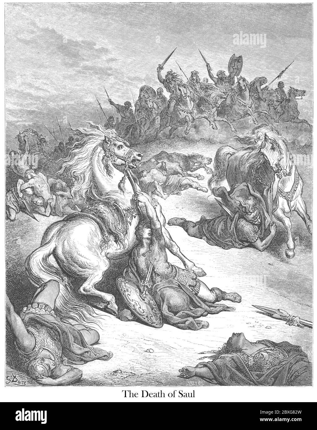 Mort de Saül du livre 'Galerie biblique' illustré par Gustave Dore avec mémoire de Dore et lettre-presse descriptive par Talbot W. Chambers D.D. Publié par Cassell & Company Limited à Londres et simultanément par Mame à Tours, France en 1866 Banque D'Images
