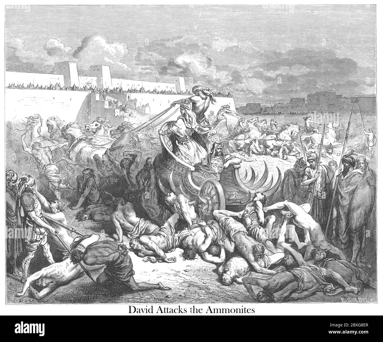 David punissant les Ammonites [David attaque les Ammonites] du livre 'Bible Gallery' illustré par Gustave Dore avec mémoire de Dore et lettre-presse descriptive par Talbot W. Chambers D.D. Publié par Cassell & Company Limited à Londres et simultanément par Mame à Tours, France en 1866 Banque D'Images