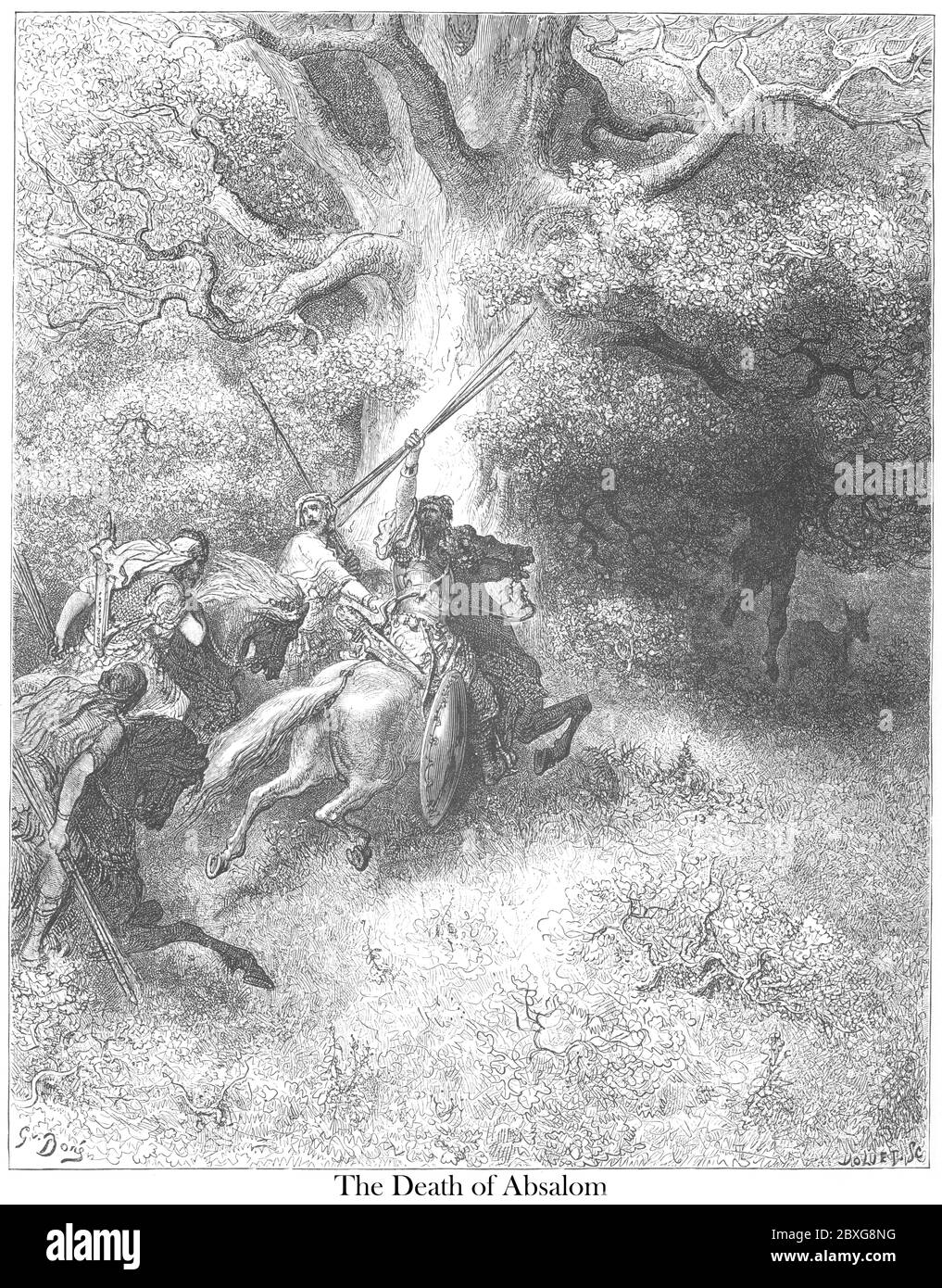 Mort d'Absalom [fils du roi David] 2 Samuel 18:9 du livre 'Bible Gallery' illustré par Gustave Dore avec mémoire de Dore et lettre-presse descriptive par Talbot W. Chambers D.D. Publié par Cassell & Company Limited à Londres et simultanément par Mame à Tours, France en 1866 Banque D'Images