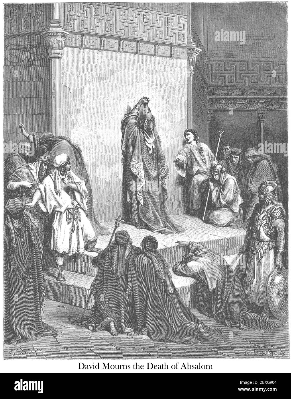 David Mourning la mort d'Absalom 2 Samuel 18:33 du livre 'Bible Gallery' illustré par Gustave Dore avec mémoire de Dore et lettre-presse descriptive par Talbot W. Chambers D.D. Publié par Cassell & Company Limited à Londres et simultanément par Mame à Tours, France en 1866 Banque D'Images