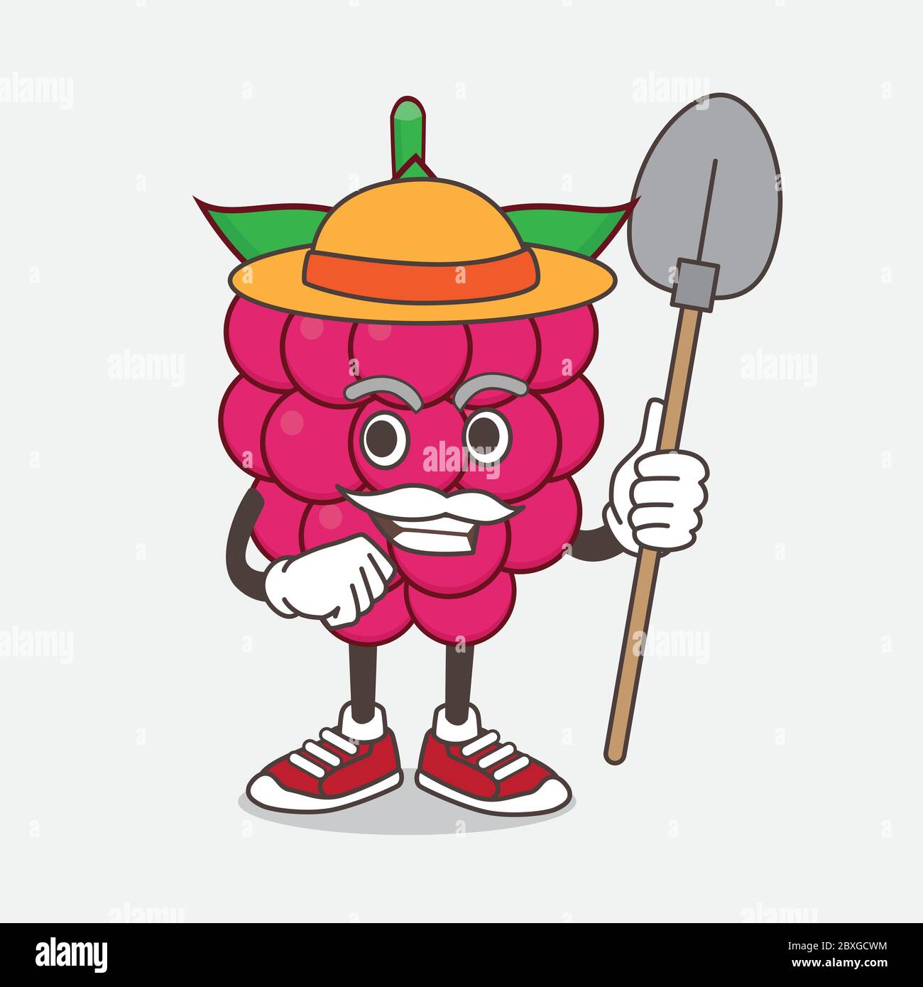 Illustration du personnage de mascotte de dessin animé de framboise avec chapeau et outils de fermier Illustration de Vecteur