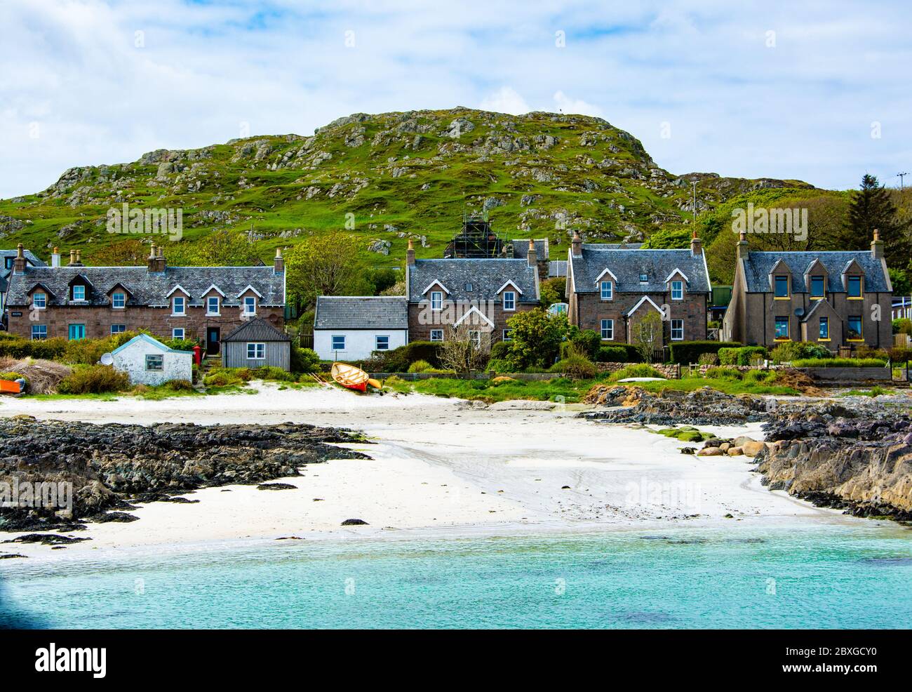 Maisons près de la plage, Iona, Inner Hebrides, Écosse, Royaume-Uni Banque D'Images