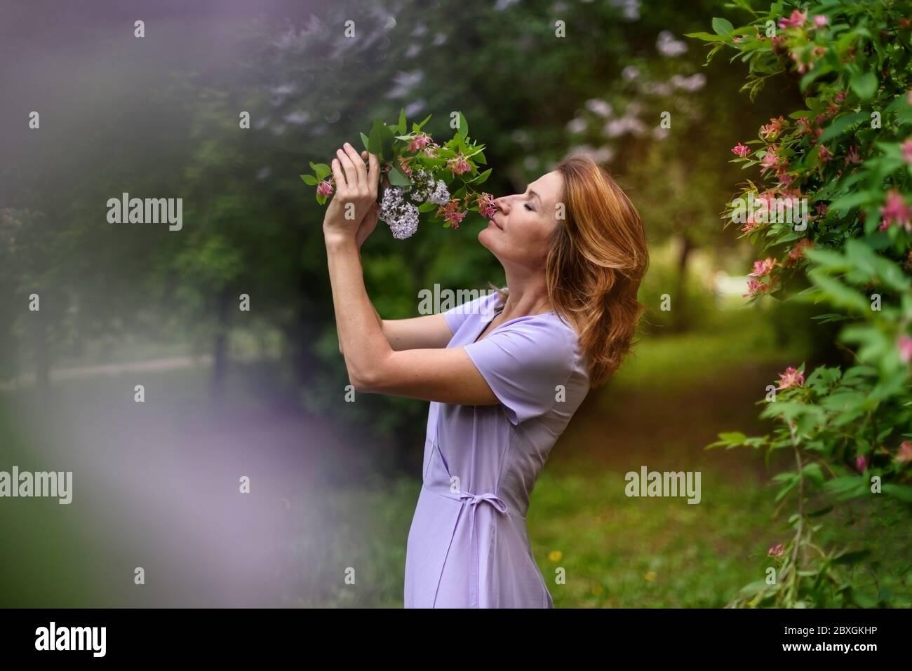 Femme en robe lilas neige bouquet de fleurs avec les yeux fermés et le ressort flou fond coloré Banque D'Images