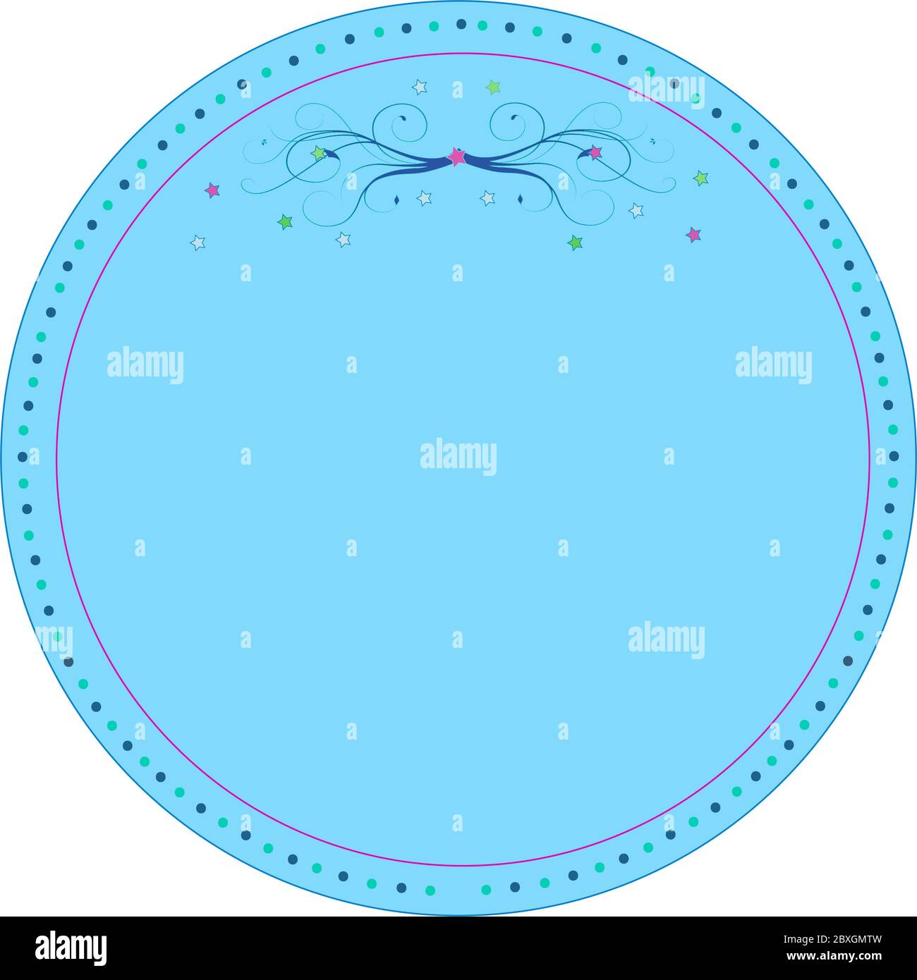 Image graphique circulaire bleue de type emblème avec bordure en pointillés isolée sur fond blanc. Design Swirl en haut au centre. Banque D'Images