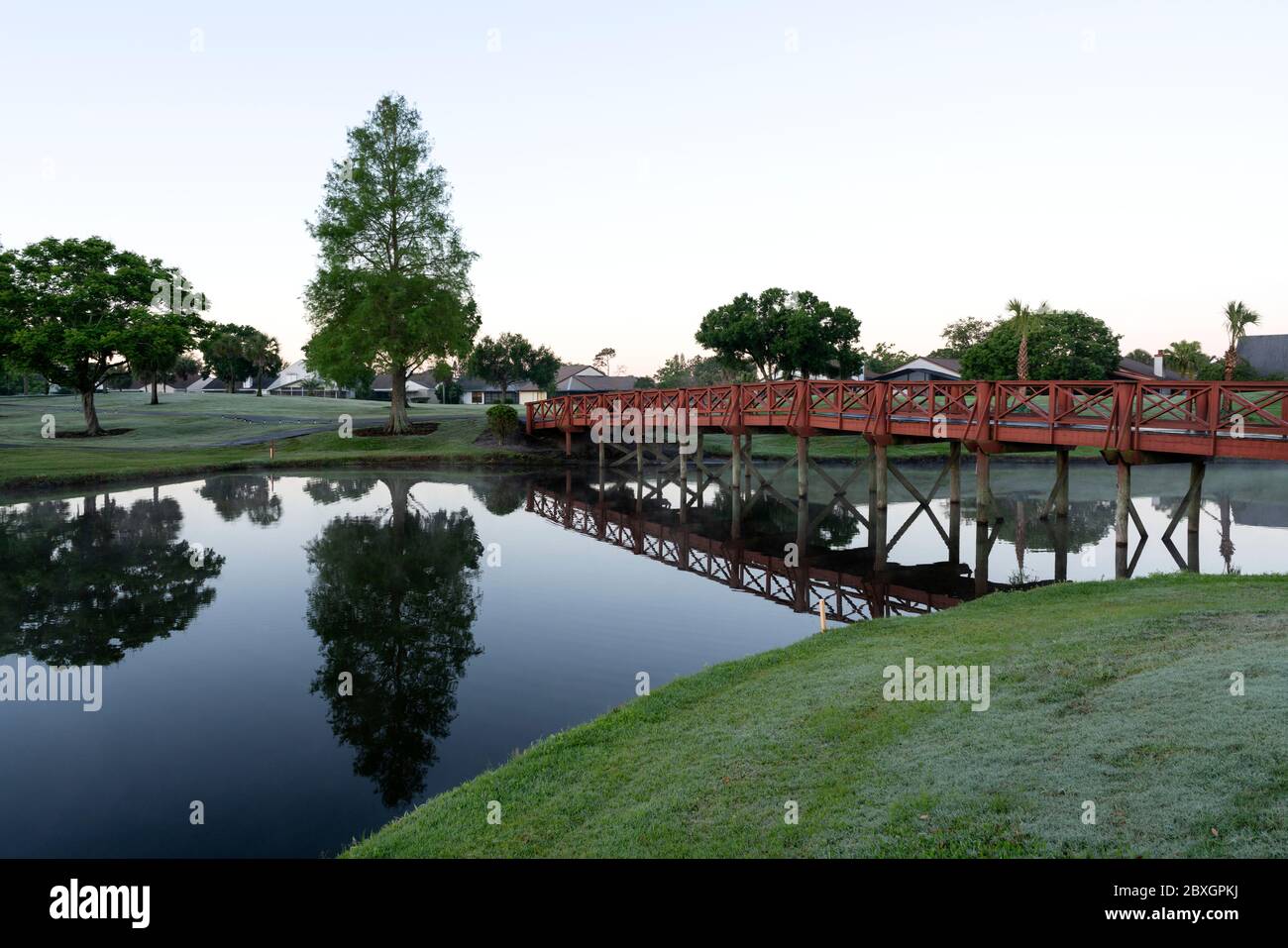 Le parcours de golf tôt le matin, où des arbres se reflètent dans le lac, Ventura Country Club, Orlando, FL Banque D'Images