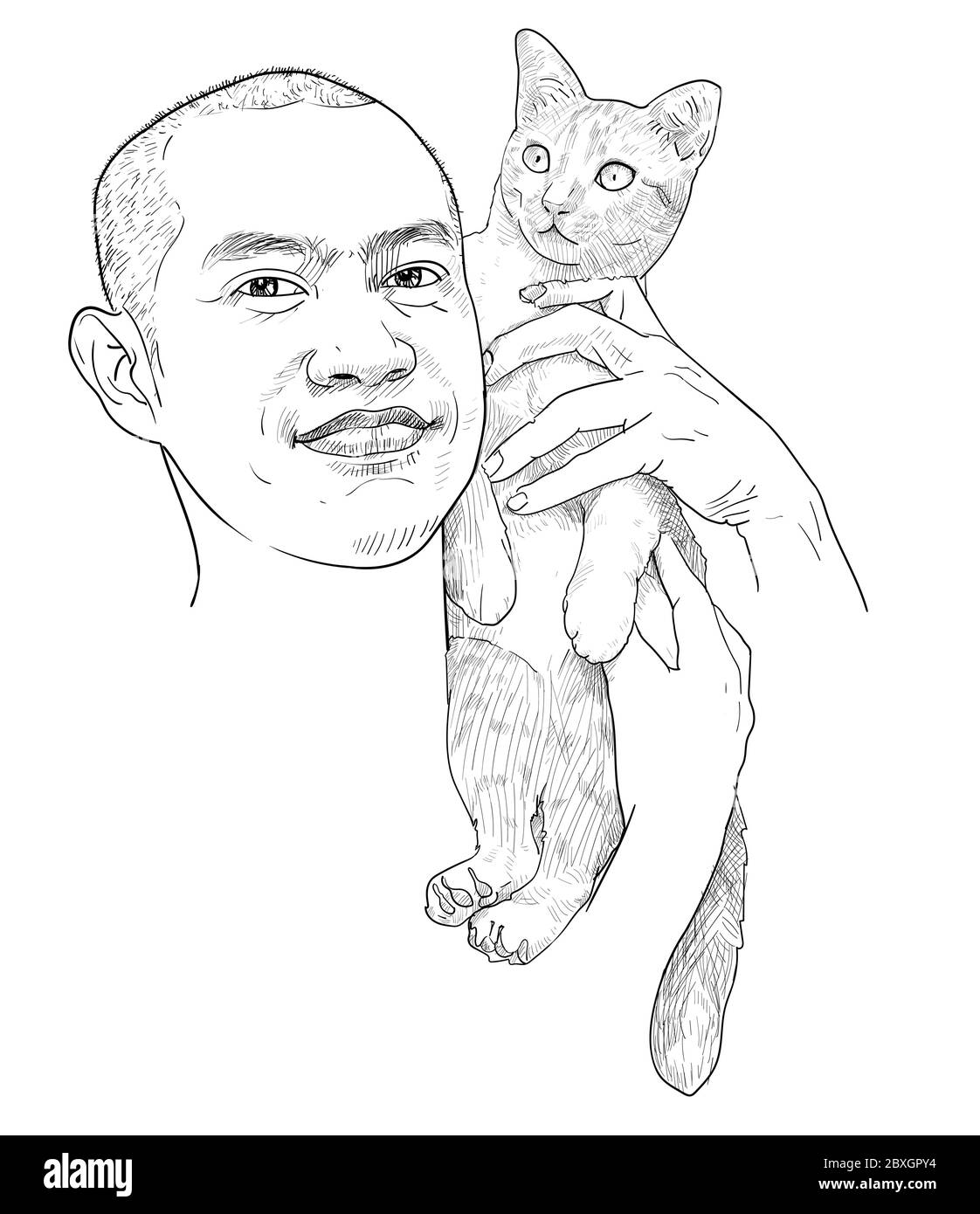 Dessin drôle de portrait d'un homme asiatique porter chat mignon sur fond blanc. Amour entre l'homme et l'animal. Illustration vectorielle. Illustration de Vecteur