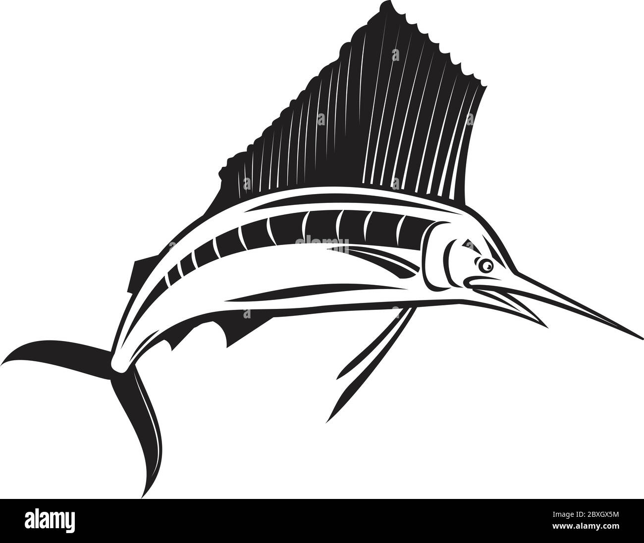 Illustration de style rétro d'un voilier atlantique en colère, un poisson du genre Istiophorus de billfish vivant dans les zones de mer plus froides, en sautant vers le haut vu de Illustration de Vecteur