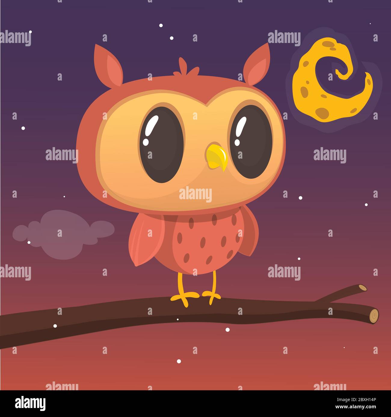 Chouette de dessin animé assise sur la branche sur le fond de la pleine lune Illustration de Vecteur