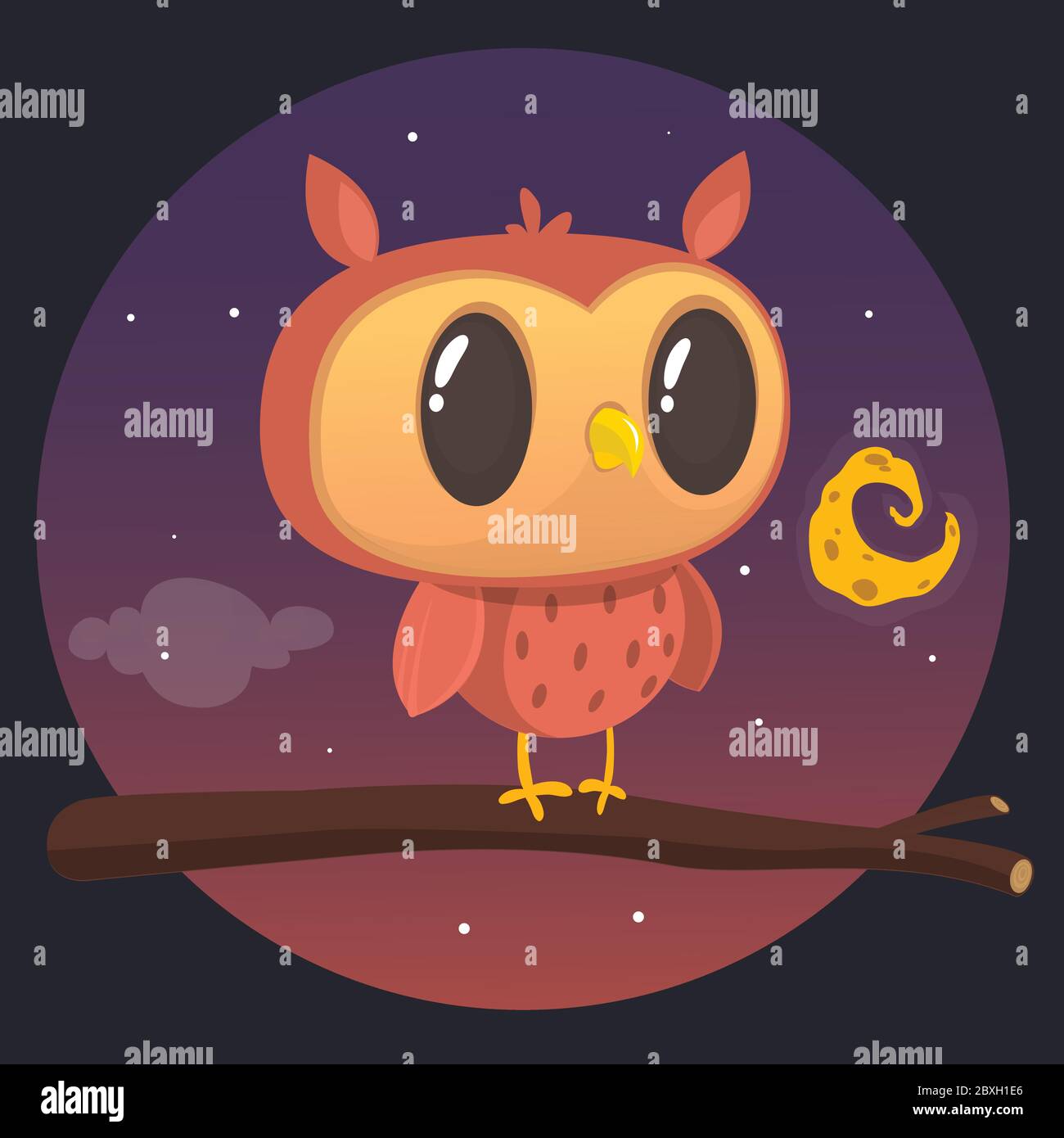 Chouette de dessin animé assise sur la branche sur le fond de la pleine lune Illustration de Vecteur