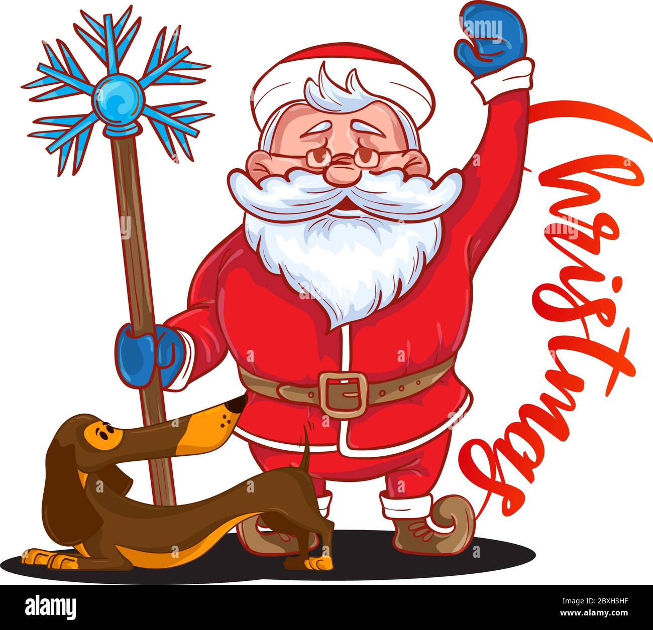 Dessiner Un Pere Noel Avec Sa Main Drôle de dessin animé Père Noël avec baguette magique dans sa main et brun  Dachshund - symbole de la nouvelle année. Père Noël coloré isolé sur fond  blanc Image Vectorielle Stock - Alamy
