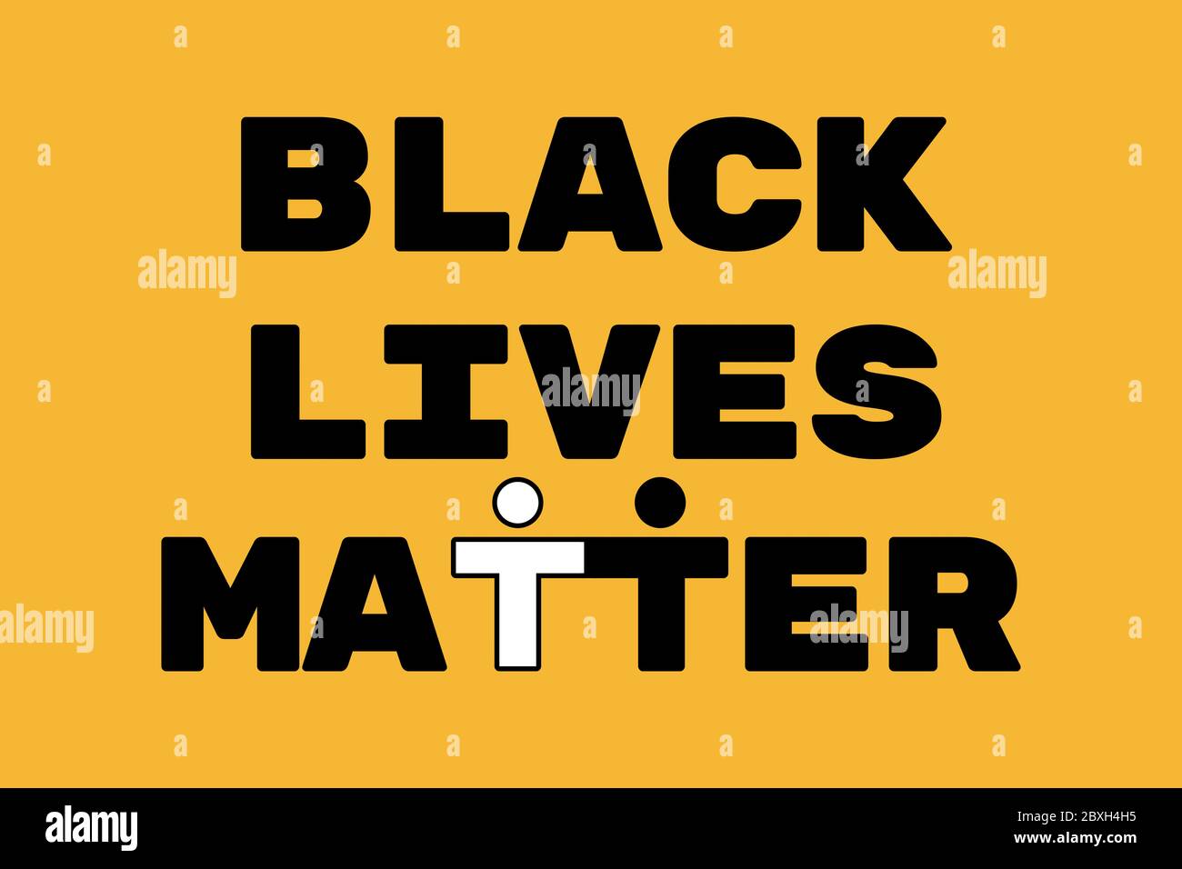 Illustration de stock d'affiche antiraciste avec l'expression Black Lives Matter sur fond jaune. Les lettres T forment deux personnes de couleurs différentes Banque D'Images