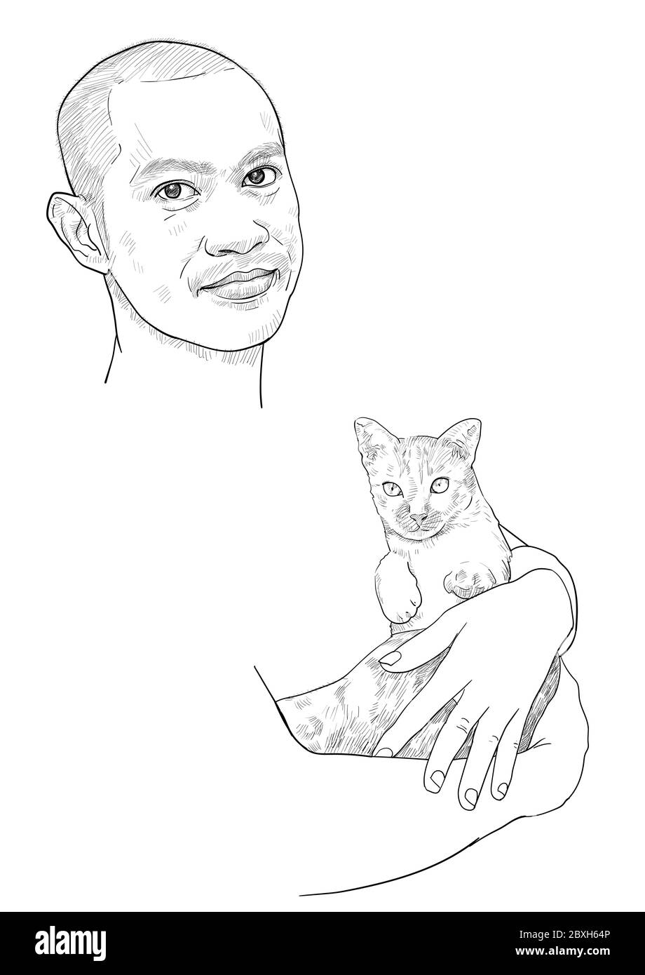 Dessin drôle de portrait d'un homme asiatique porter chat mignon sur fond blanc. Amour entre l'homme et l'animal. Illustration vectorielle. Illustration de Vecteur
