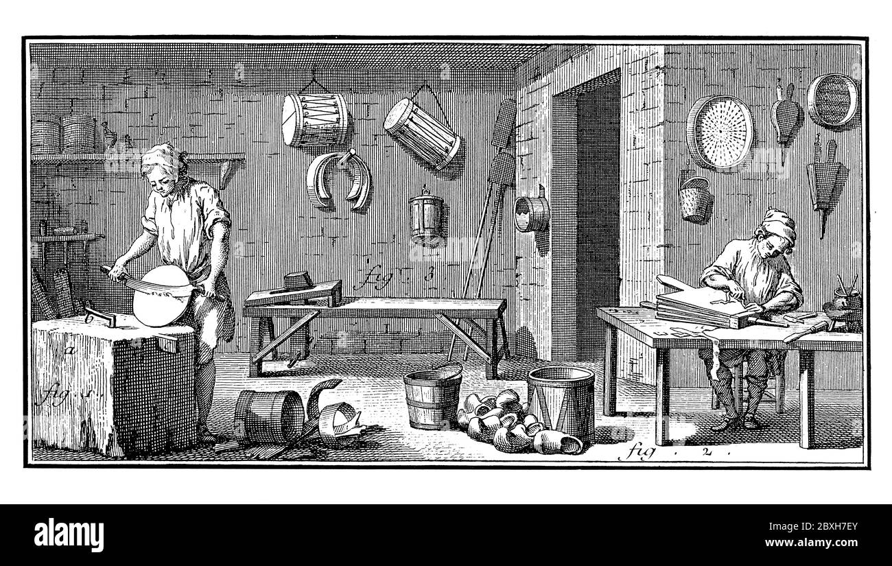 illustration du xviiie siècle de la boutique de busseler ou de white cooper. Publié dans 'A Diderot Pictorial Encyclopedia of Trades and Industry. Fabrication a Banque D'Images