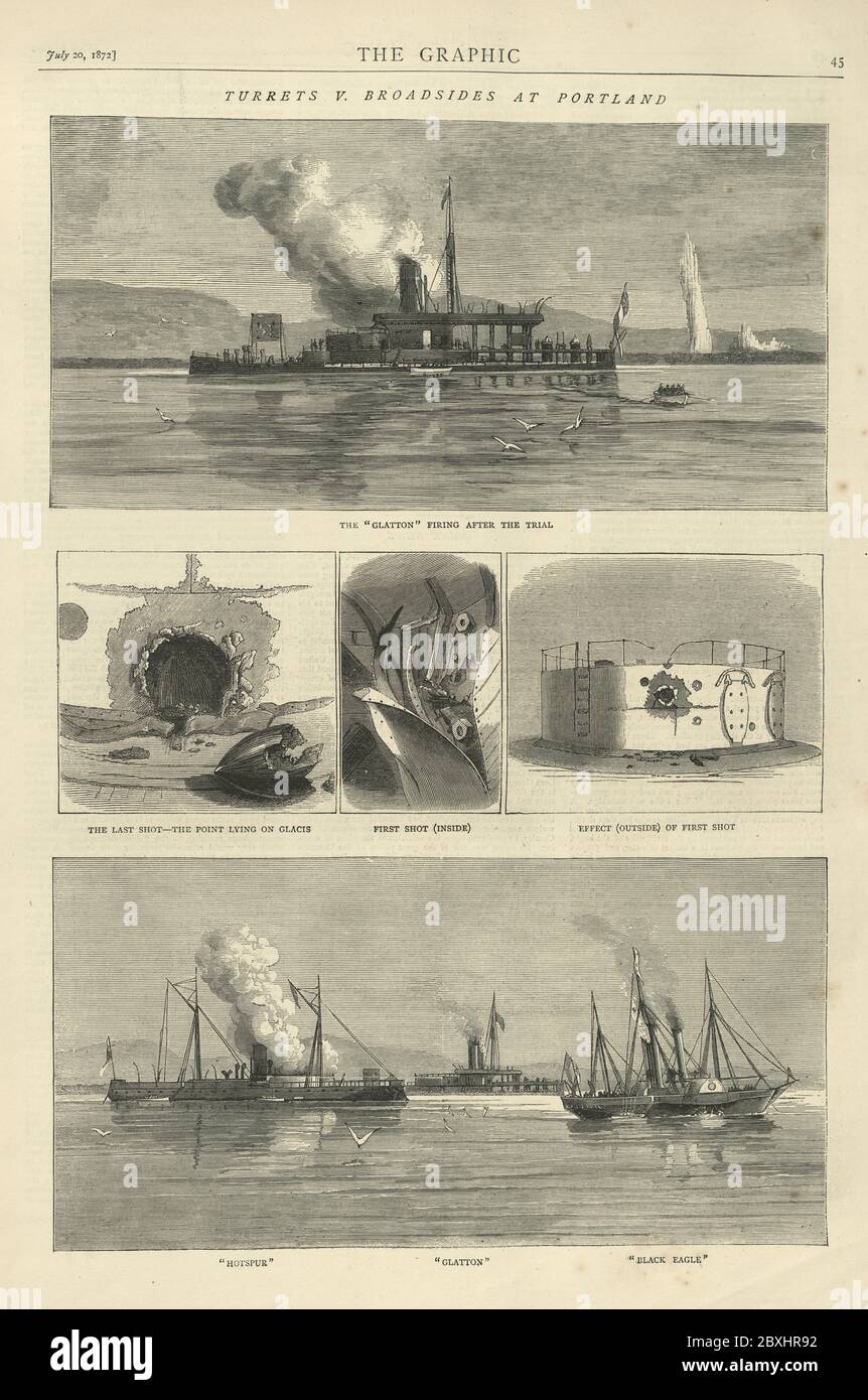 Essais de navires de guerre de la Marine royale. Tourelles vs grand-côté, navires de guerre de la Marine royale victorienne de Portland des années 1870, HMS Hotspur (RAM en fer de mer), HMS Glatton (moniteur de Breastwork), HMS Black Eagle (yacht à vapeur). 19e siècle, 1872 Banque D'Images