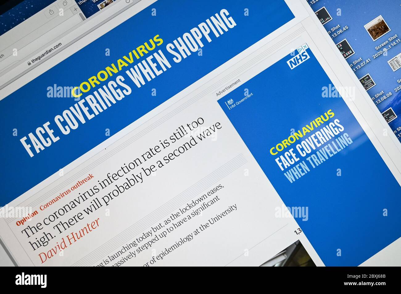 Le gouvernement britannique annonce « coronavirus, couvre-visage lors des achats » et « lors des voyages ». Banque D'Images