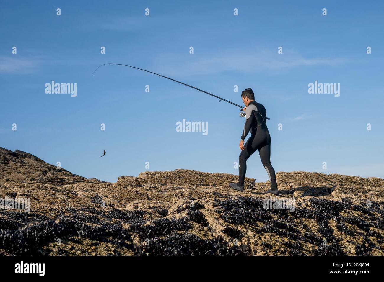 Pêcheur portugais sur les rochers avec le matériel de pêche, Aljezur, Portugal Banque D'Images