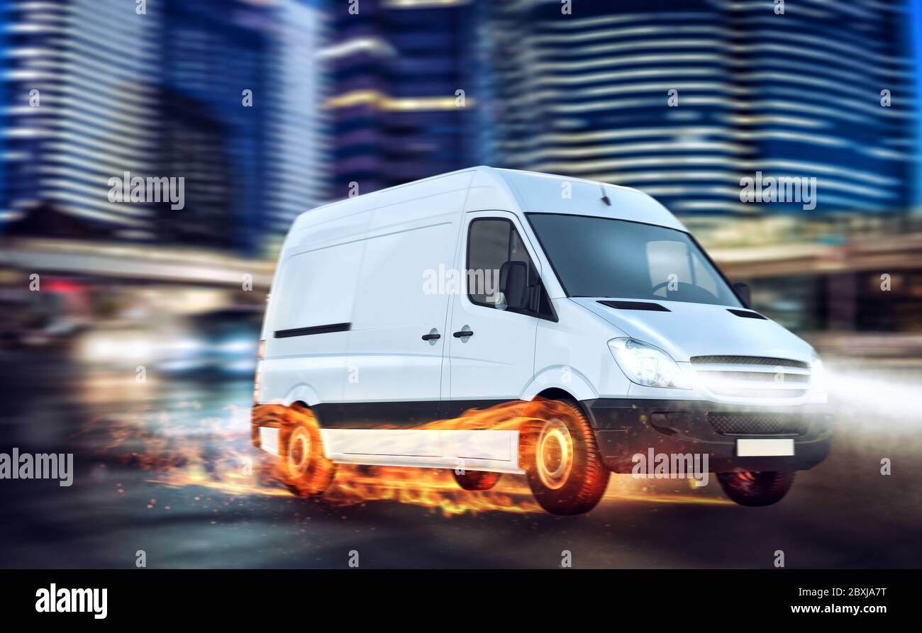 Super livraison rapide de package service avec van avec roues en feu. Banque D'Images