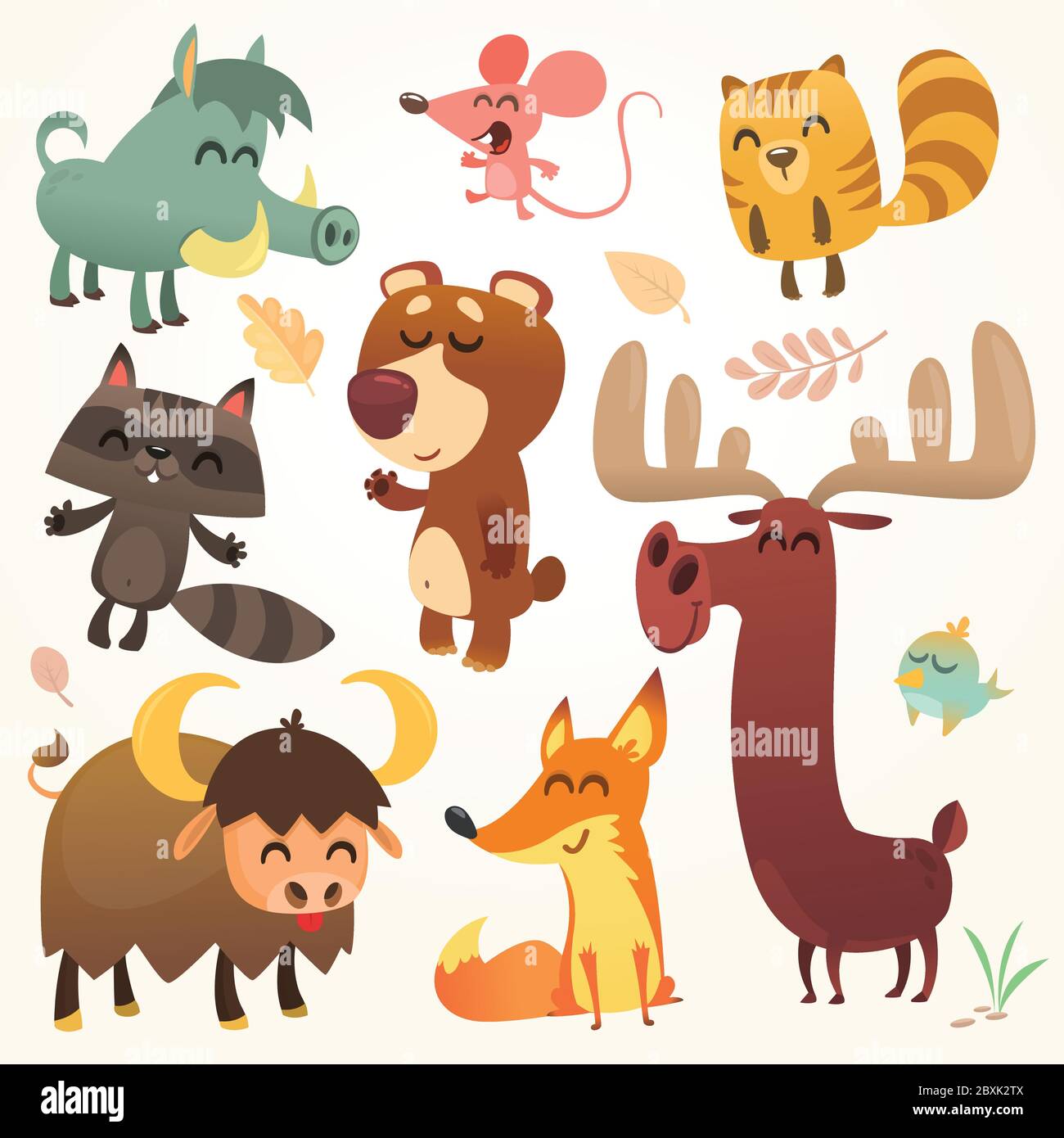 Ensemble animaux de la forêt de dessins animés. Vecteur illustré. Écureuil, souris, raton laveur, sanglier, renard, buffle, ours, orignal, oiseau. Isolé Illustration de Vecteur