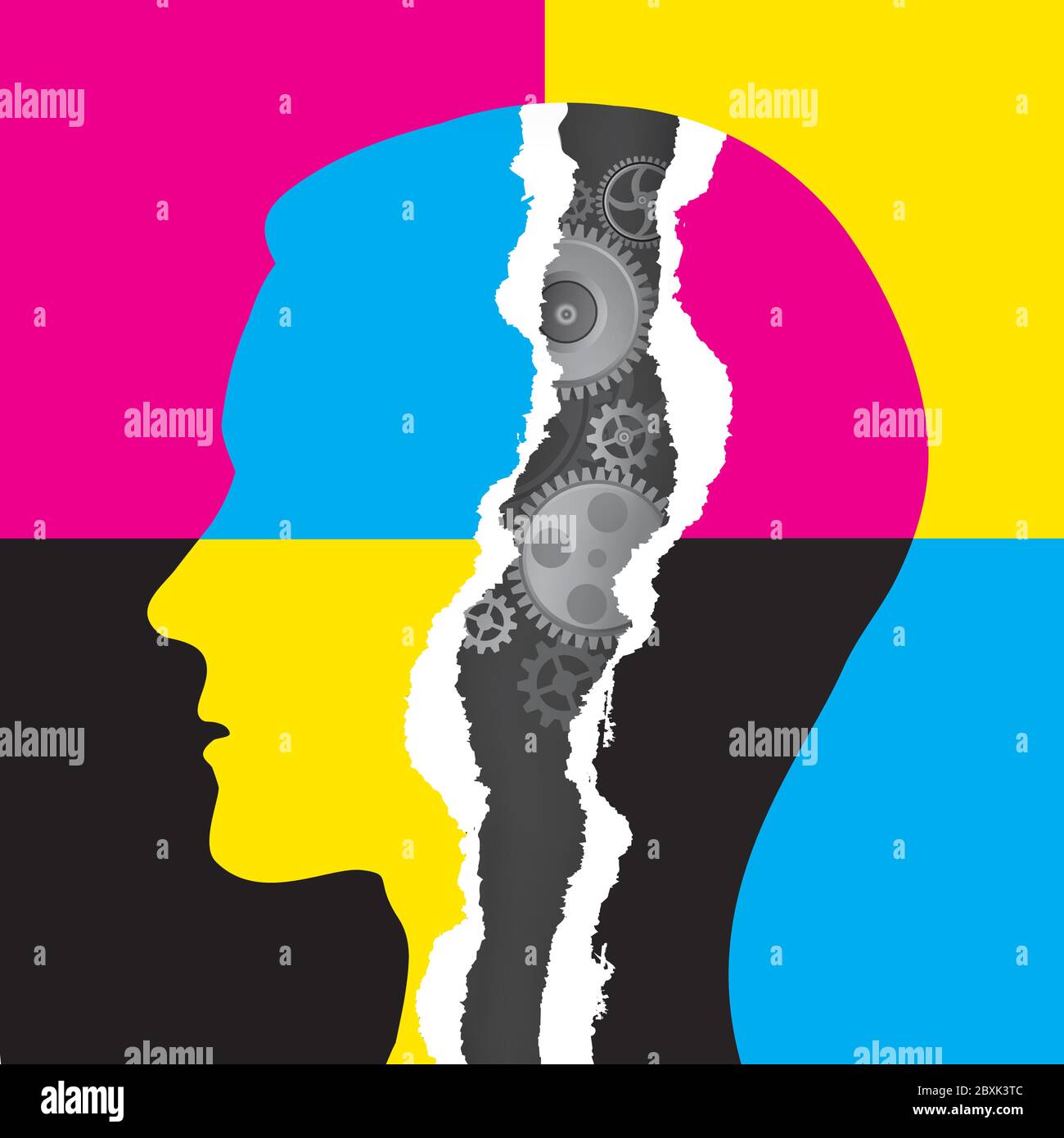 Technologie d'impression, concept de tête d'homme de papier. Tête mâle avec engrenage et papier déchiré avec couleurs d'impression cmjn. Concept de présentation de l'impression couleur. Illustration de Vecteur