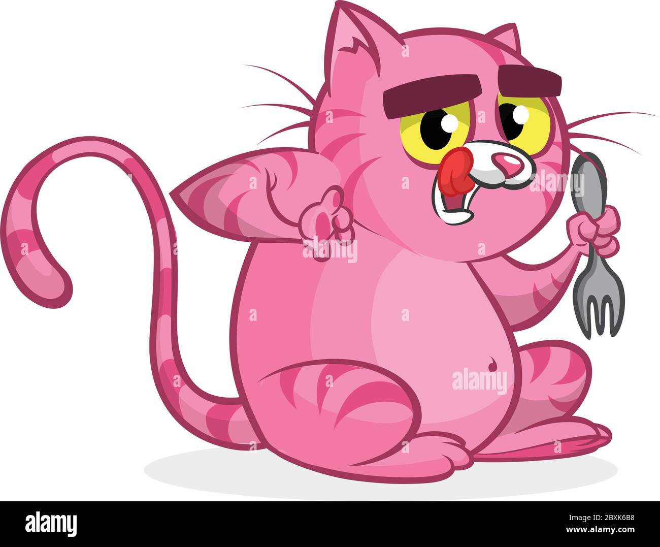 Gros Chat Drole Avec Les Yeux Jaunes Tenant Fourchette Chat De Dessin Anime Vectoriel En Attente De Nourriture Image Vectorielle Stock Alamy