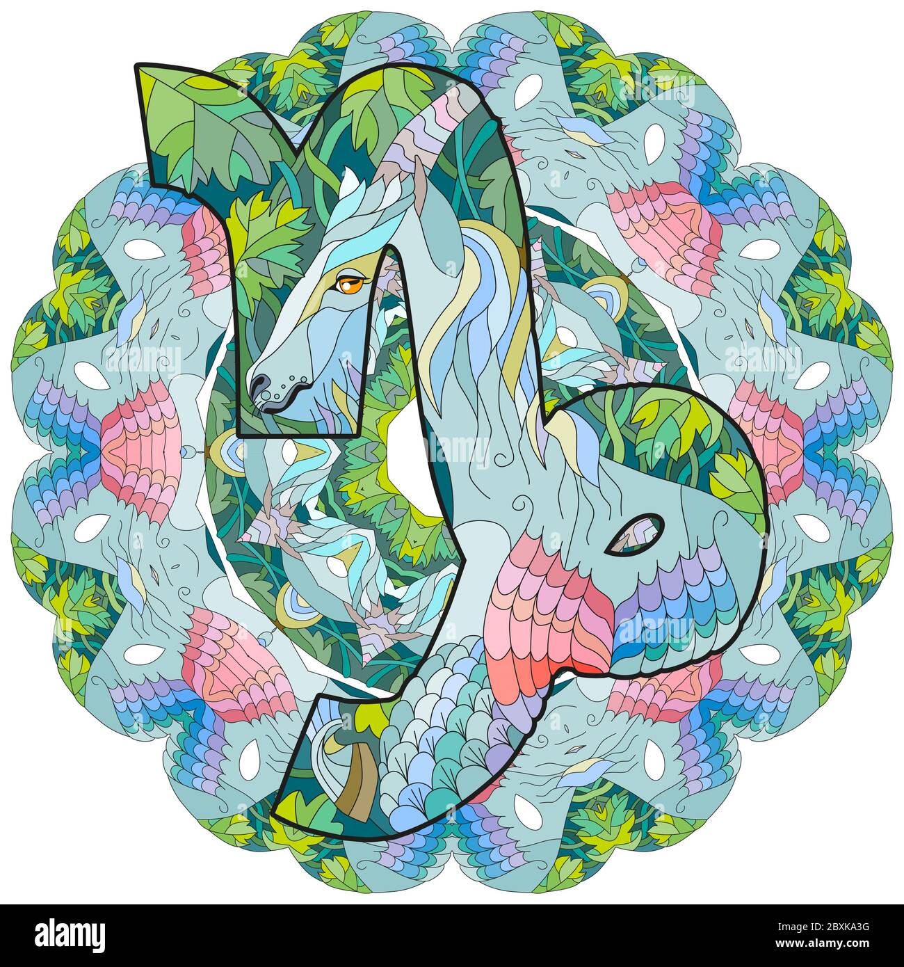 SIGNE DE ZODIAQUE DE CAPRICORNE avec mandala mignon personnage de dessin animé rétro zentangle stylisé en vecteur Illustration de Vecteur
