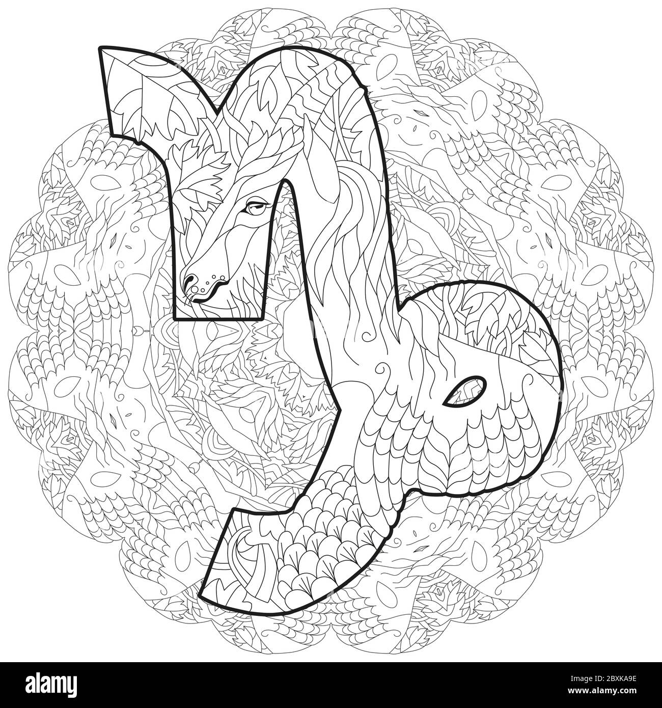 SIGNE DE CAPRICORNE zodiaque avec mandala mignon personnage de dessin animé rétro zentangle stylisé en vecteur de coloration Illustration de Vecteur