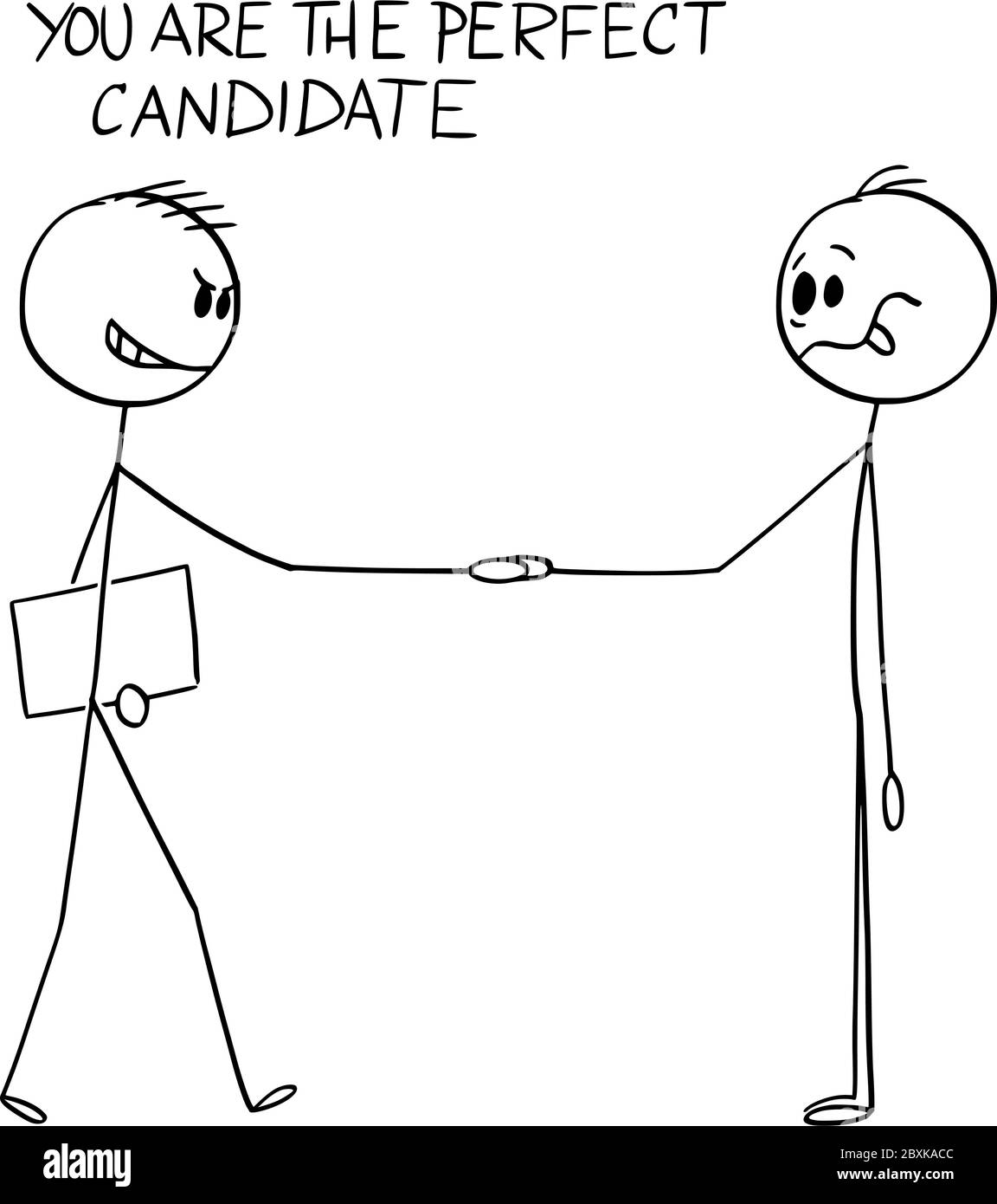 Scénario bâton de dessin dessin dessin figure conceptuelle illustration d'homme d'affaires traître, gestionnaire ou recruteur se serrant la main avec stupide ou naïf parfait candidat de travail. Illustration de Vecteur