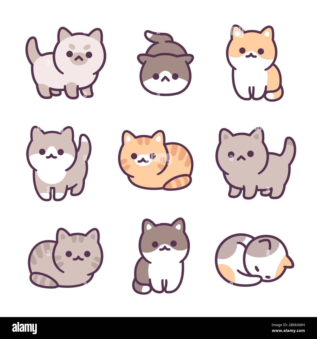 Jeu d'illustrations de petits chatons dessinés à la main. Adorables petits chats, différentes races et poses. Style simple de style kawaii. Illustration de Vecteur