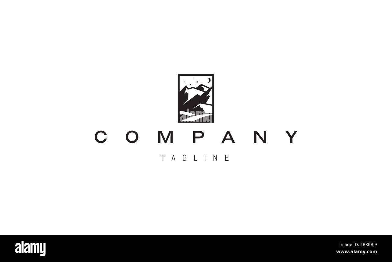 Logo vectoriel sur lequel figure une image abstraite d'un paysage de montagne dans un rectangle. Illustration de Vecteur