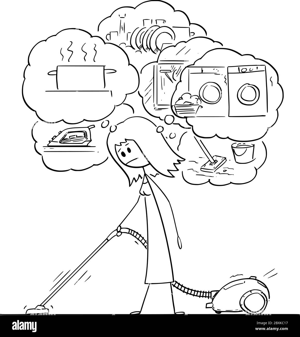 Dessin vectoriel de dessin de dessin de dessin de figure de femme fatigué passer l'aspirateur ou le nettoyage du sol, ou de moquette avec aspirateur ou hoover et de penser à d'autres travaux de ménage à faire. Illustration de Vecteur