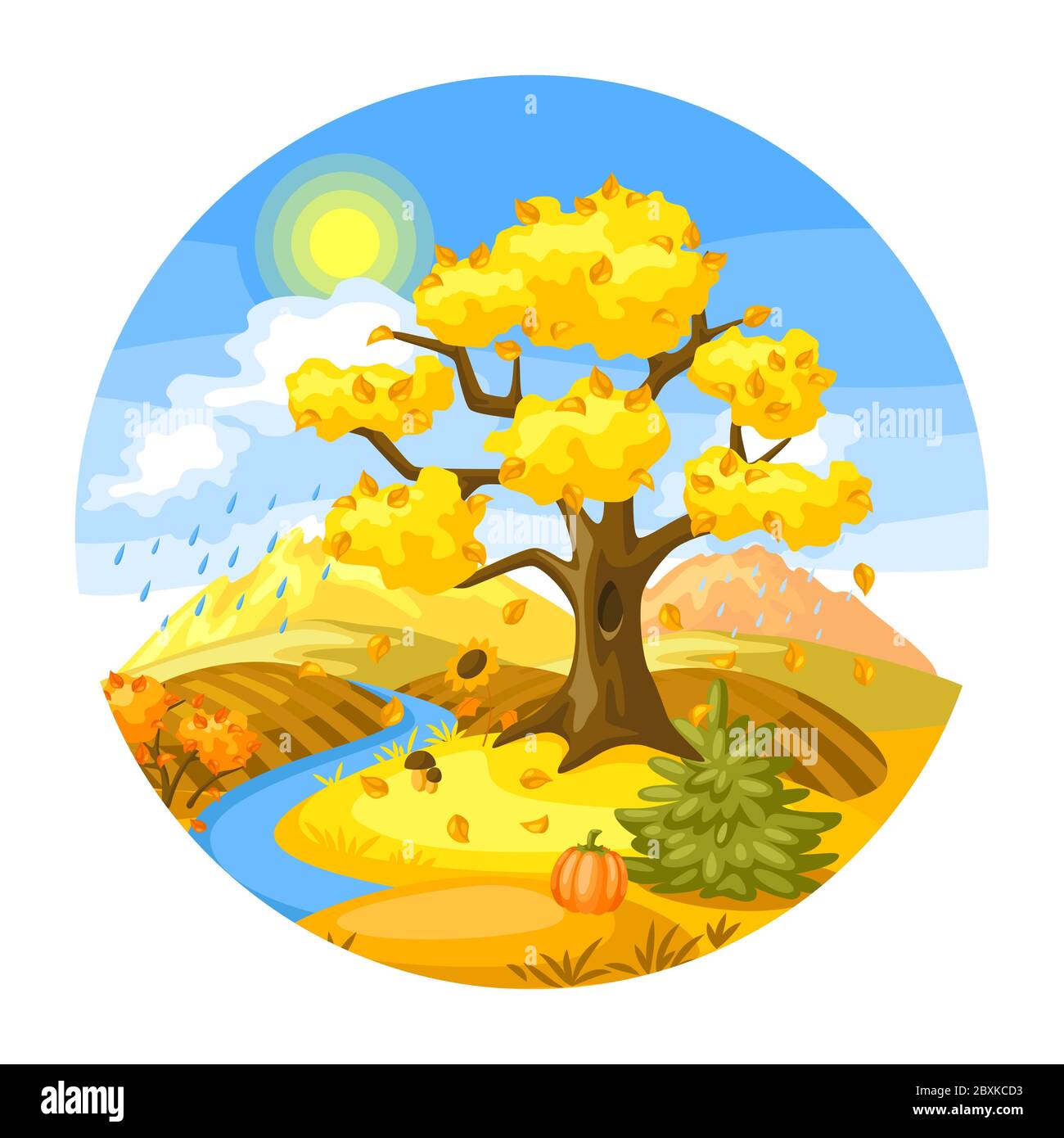 Paysage d'automne avec arbres, montagnes et collines. Illustration de Vecteur