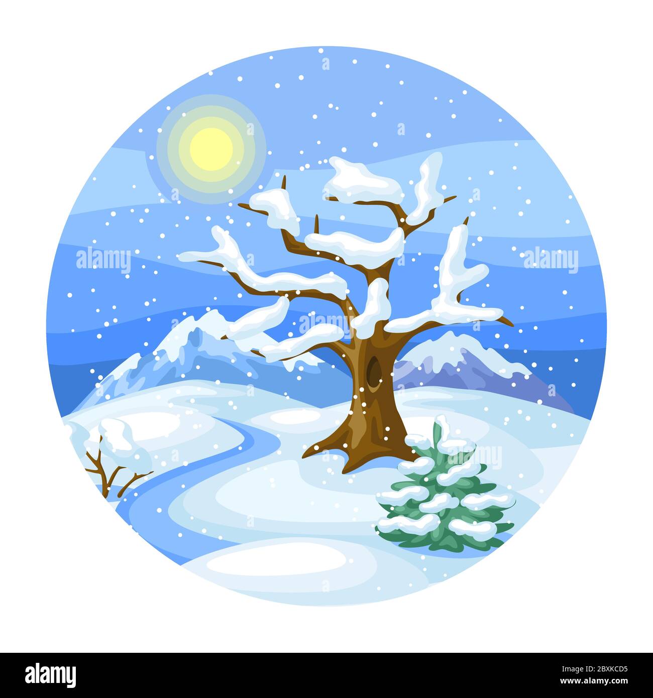 Paysage d'hiver avec arbres, montagnes et collines. Illustration de Vecteur