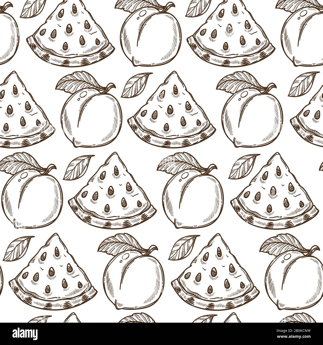 Pastèque et pêche, fruits de saison doux sans coutures Illustration de Vecteur