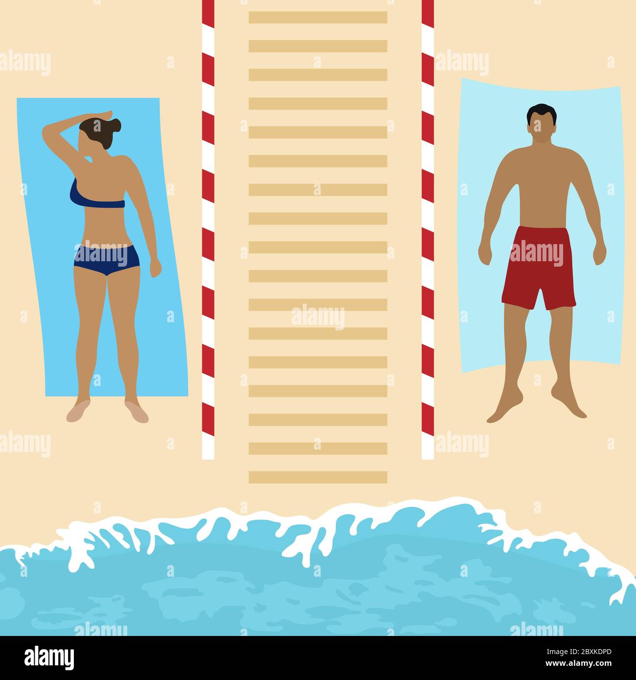 Illustration vectorielle ouverture des plages après la quarantaine de la COVID-19, pandémie du coronavirus. Les gens se trouvent sur des serviettes de plage à distance social distanciation. Somme Illustration de Vecteur