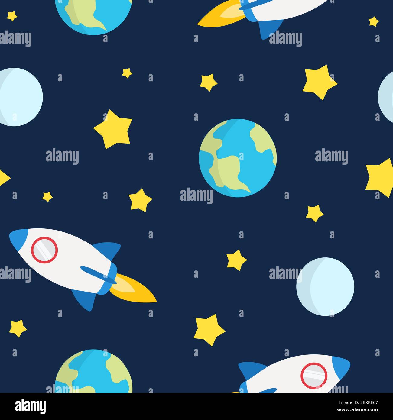 Modèle sans couture, style puéril, avec fusées, terre, lune et étoiles Illustration de Vecteur