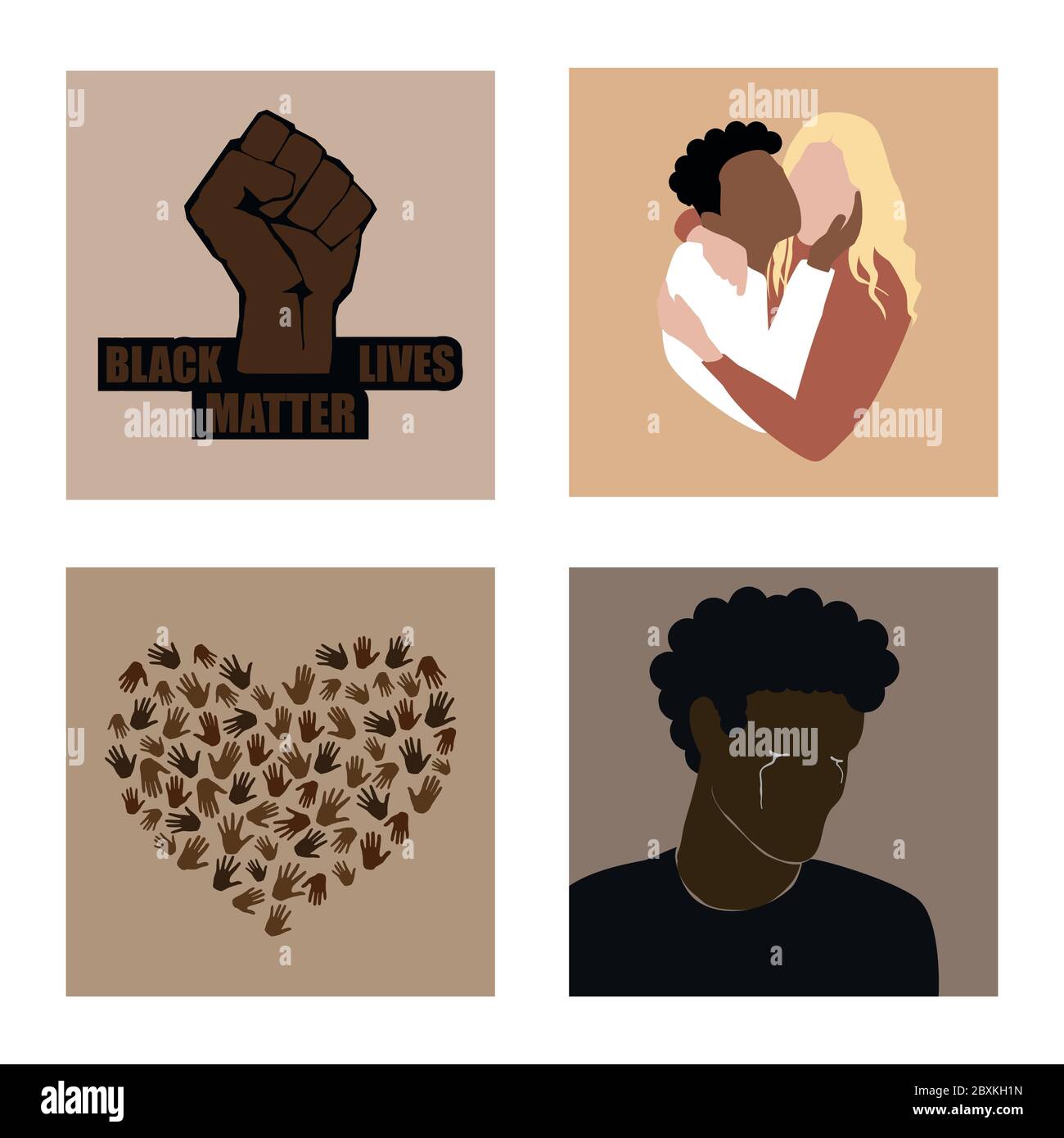 Arrêter le racisme. Les vies noires comptent et protestent poing, deux personnes multiraciales embrassant, de nombreuses mains en forme de cœur, l'homme afro-américain pleure. Mod Illustration de Vecteur