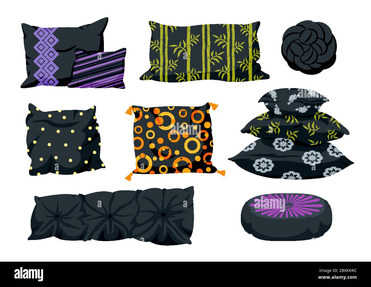 Ensemble d'oreillers noirs à motifs décoratifs et motif de dessin animé plat. Intérieur textile. Oreillers sombres pour canapé, lit, sommeil. Coussin en tissu écologique en bambou et plumes classiques. Illustration vectorielle Illustration de Vecteur
