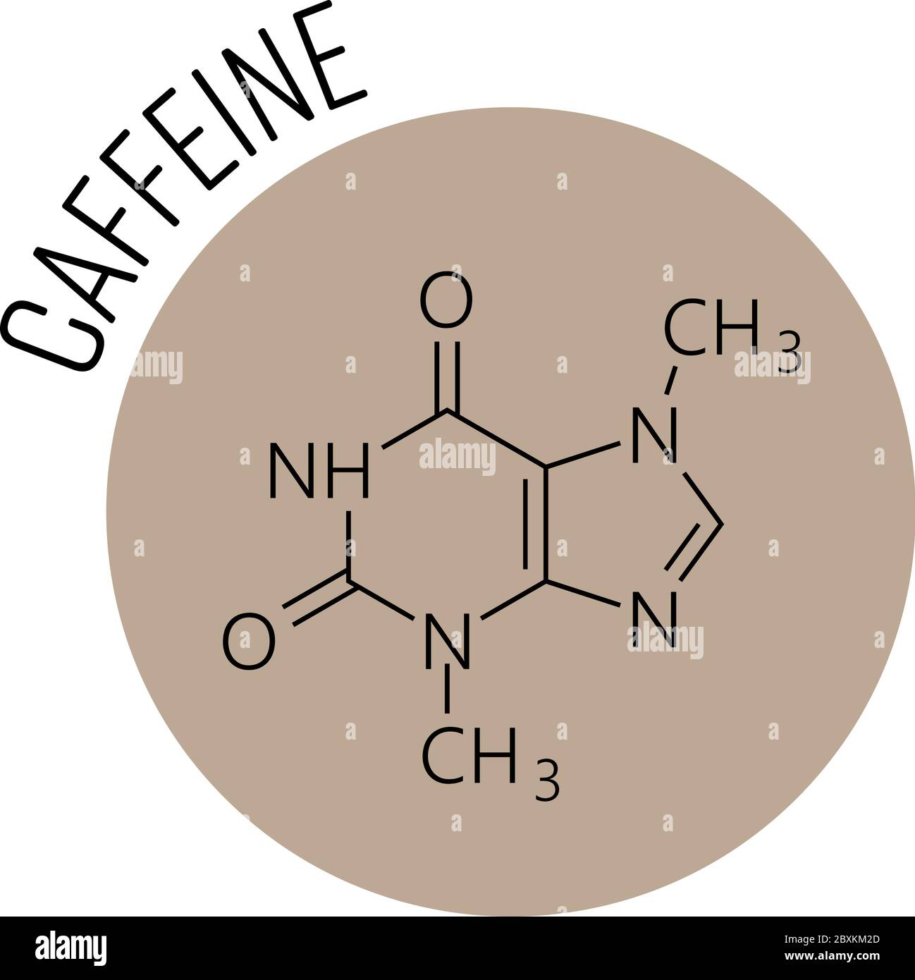 Molécule de caféine. Formule chimique du squelette conçue dans le cercle beige comme icône. Café, thème ou logo du café. Illustration vectorielle. Illustration de Vecteur