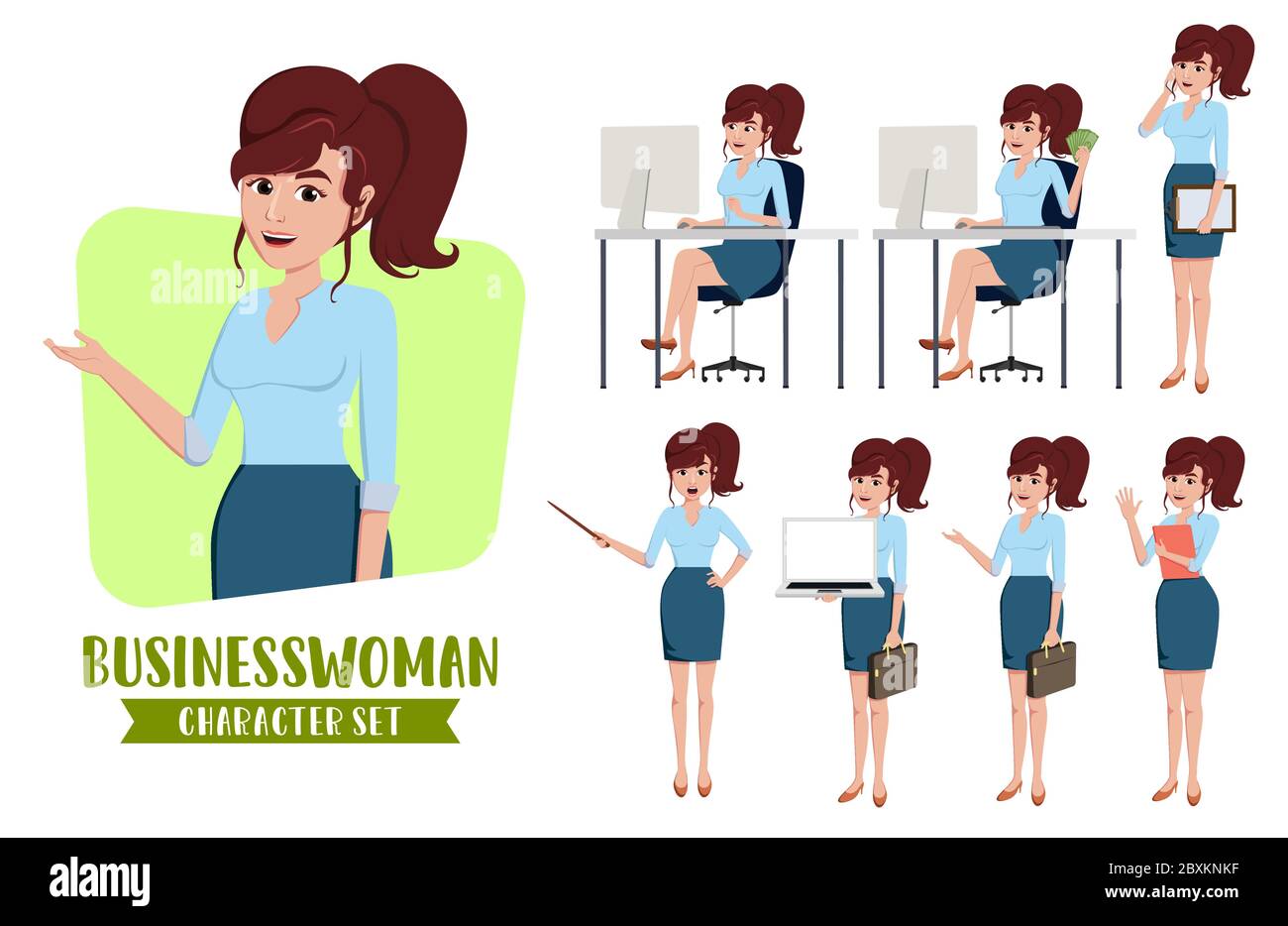 Jeu de vecteurs de caractères femme d'affaires. Femme d'affaires personnages personnel de bureau employé dans la conversation, assis dans le bureau et appelant pose et gestes. Illustration de Vecteur