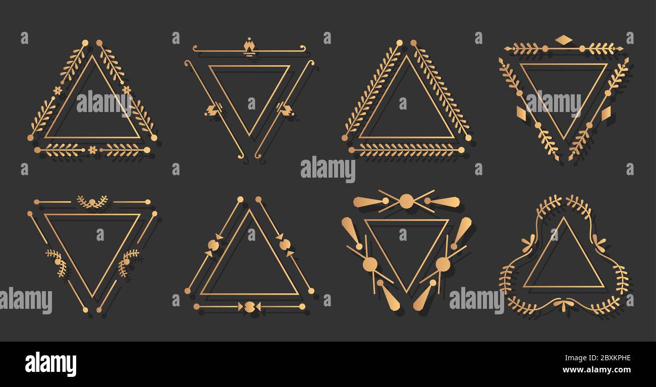 Cadre or trigonal élégant décoratif parure décorative. Bordure triangulaire graphique vintage pour texte carte d'invitation de mariage, certificat, menu rétro. Illustration vectorielle isolée avec cadres tricorne Illustration de Vecteur
