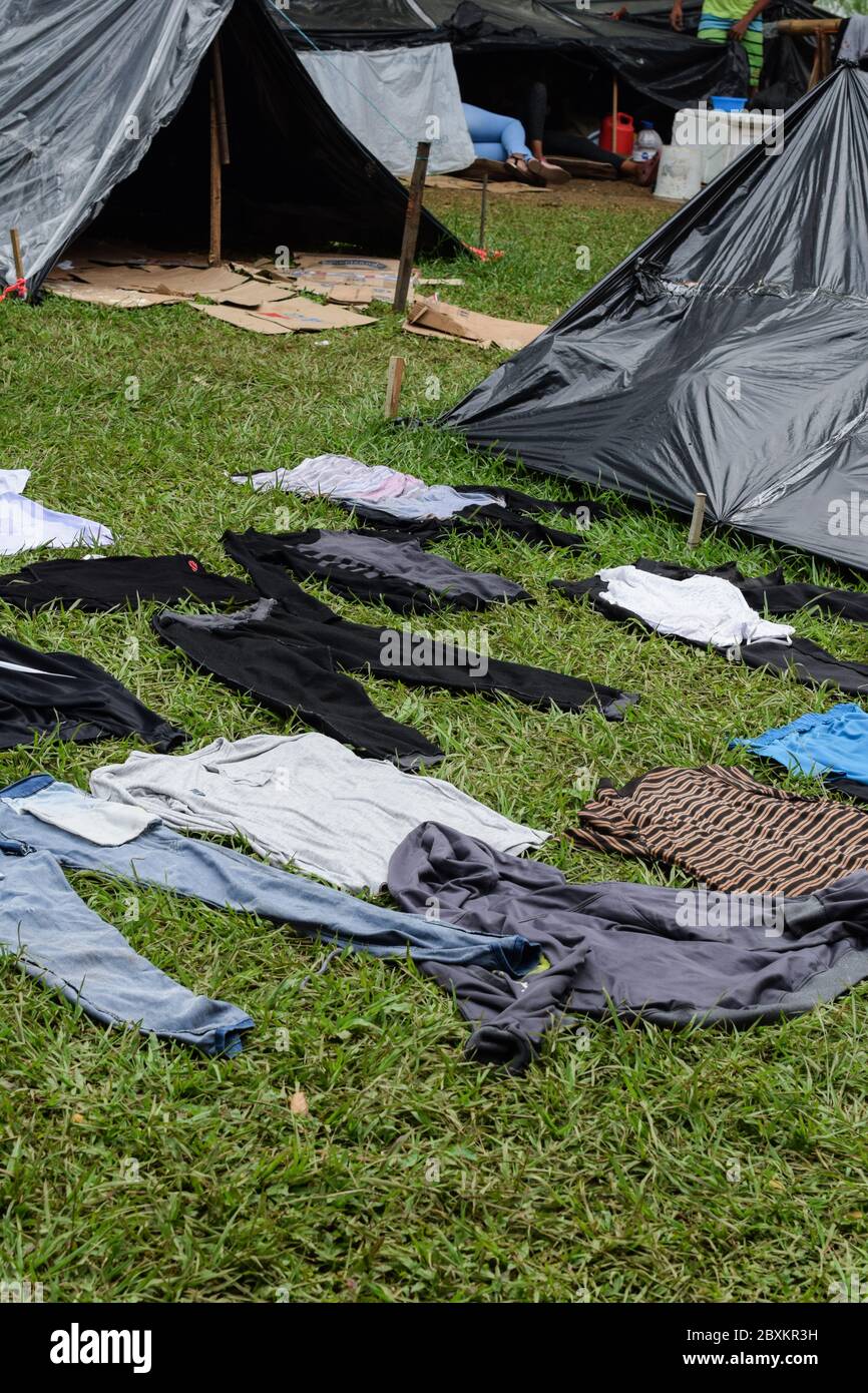 Les Vénézuéliens bloqués construisent un camp de fortune dans un parc couvert d'arbres au milieu de la pandémie de Covid-19, en attendant l'occasion de retourner dans leur pays, Cali, Banque D'Images