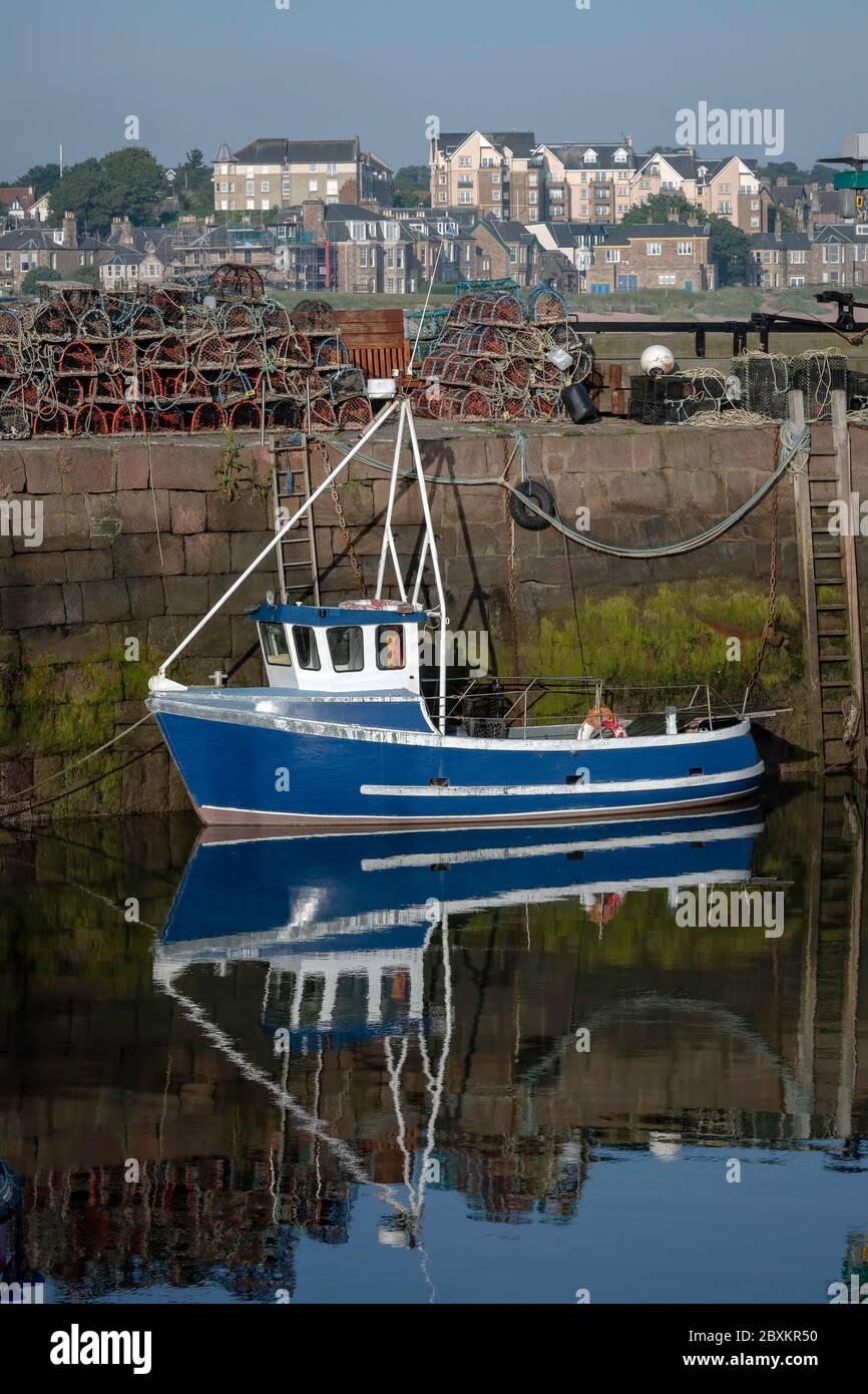 Un bateau bleu se trouve dans le port de Berwick nord en Écosse, et laisse une belle réflexion dans l'eau Banque D'Images