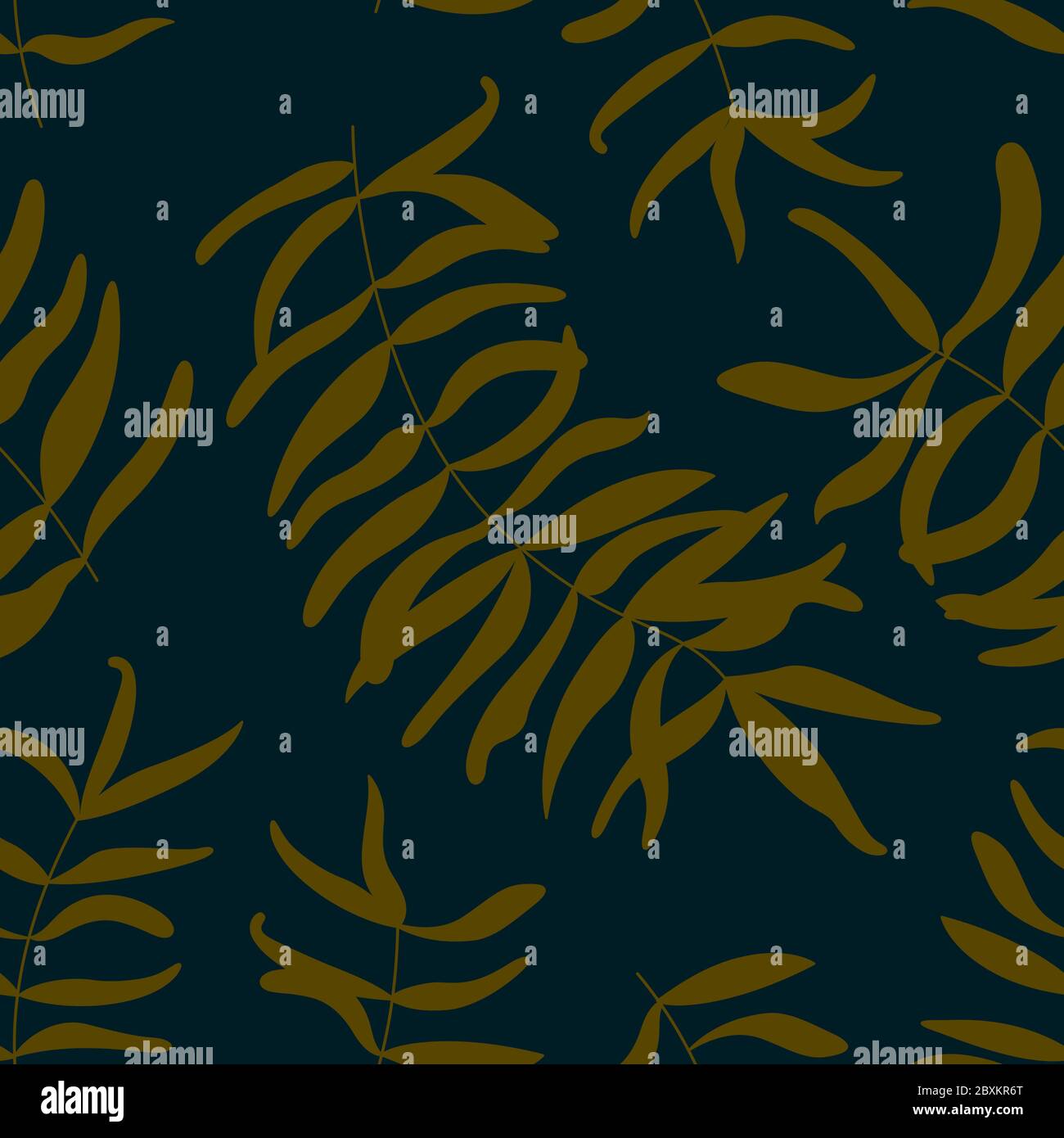 Motif fleuri sans couture avec feuilles jaune foncé sur fond bleu foncé. Illustration vectorielle Illustration de Vecteur