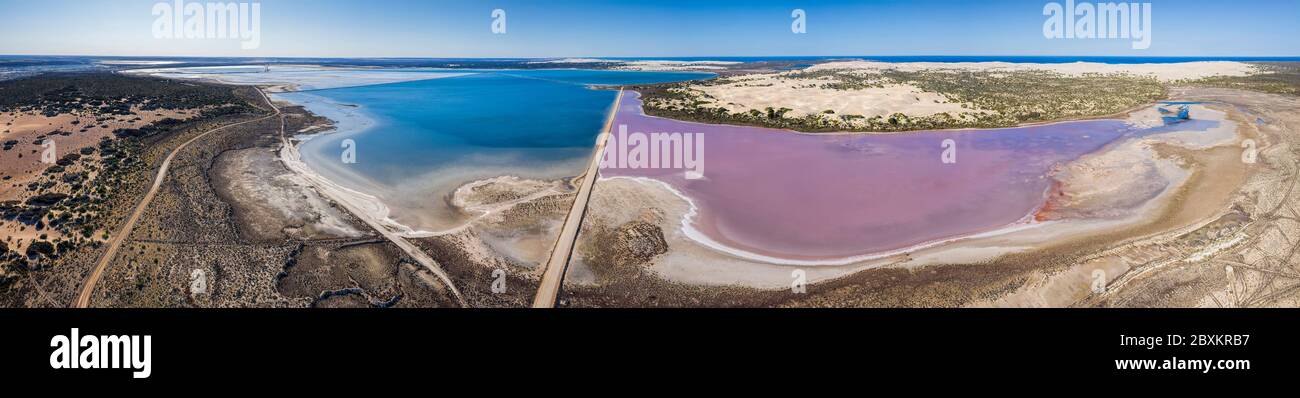 Vue panoramique aérienne du lac MacDonnell, un lac naturel de sel rose situé près de Penong en Australie méridionale Banque D'Images
