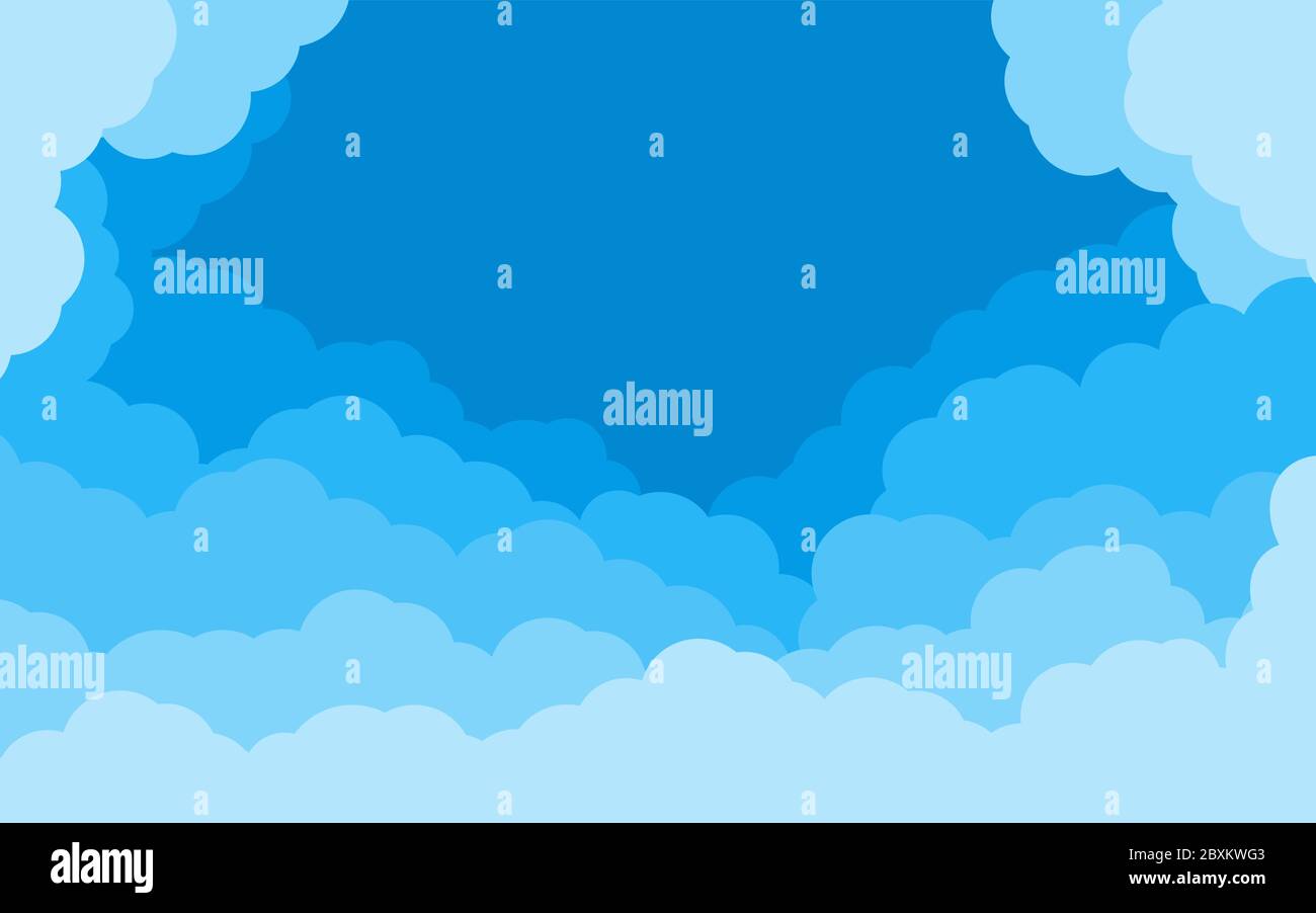 Ciel bleu de fond de style dessin animé plat. Couvrir l'effet d'air avec la bordure des nuages blancs. Effet superposé scène ciel nuageux. Zone de texte abstraite pour affiche, prospectus, carte postale, bannière. Illustration vectorielle Illustration de Vecteur