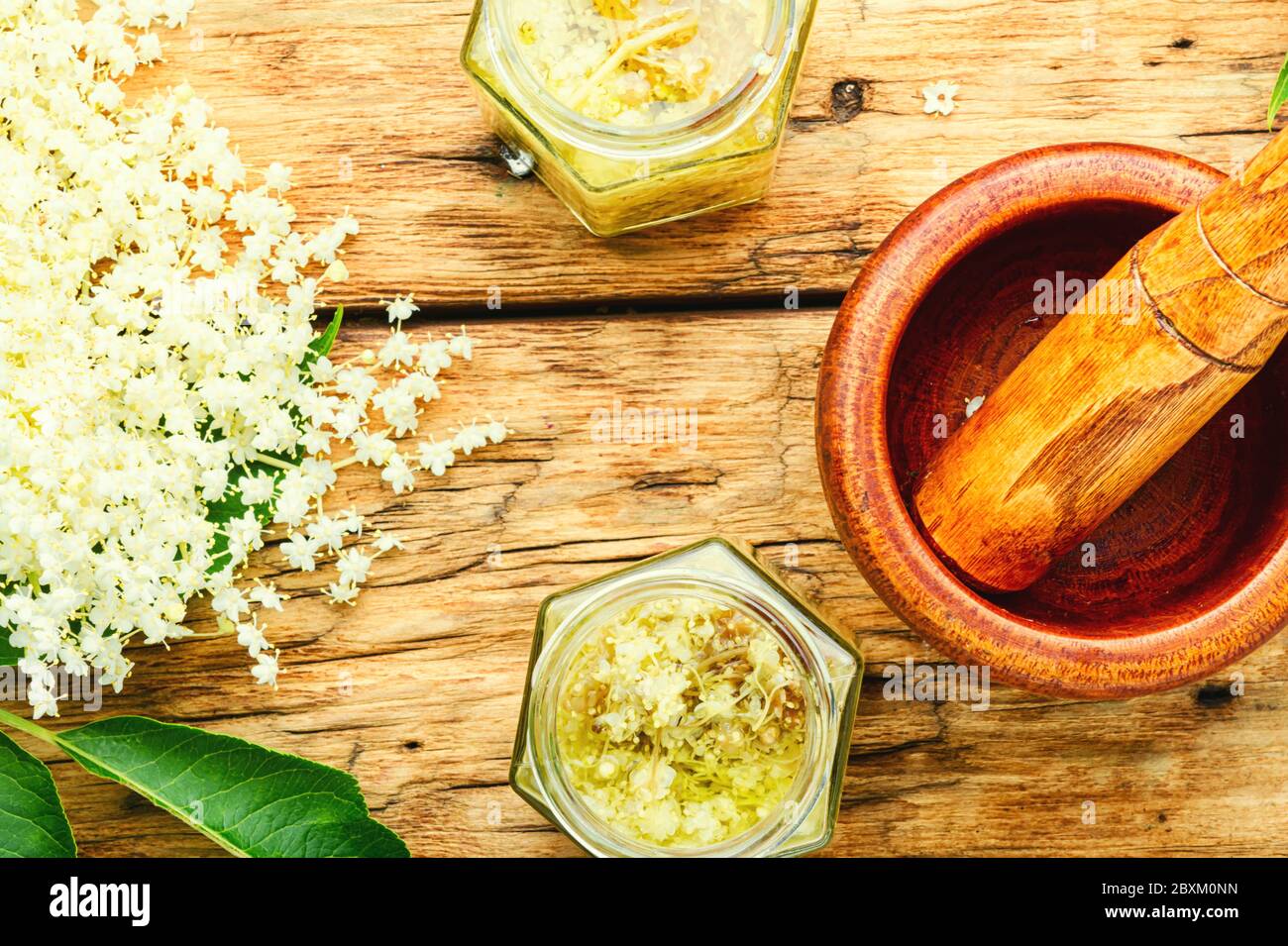 La teinture curative est un médicament fait à partir de fleurs de sureau. Banque D'Images